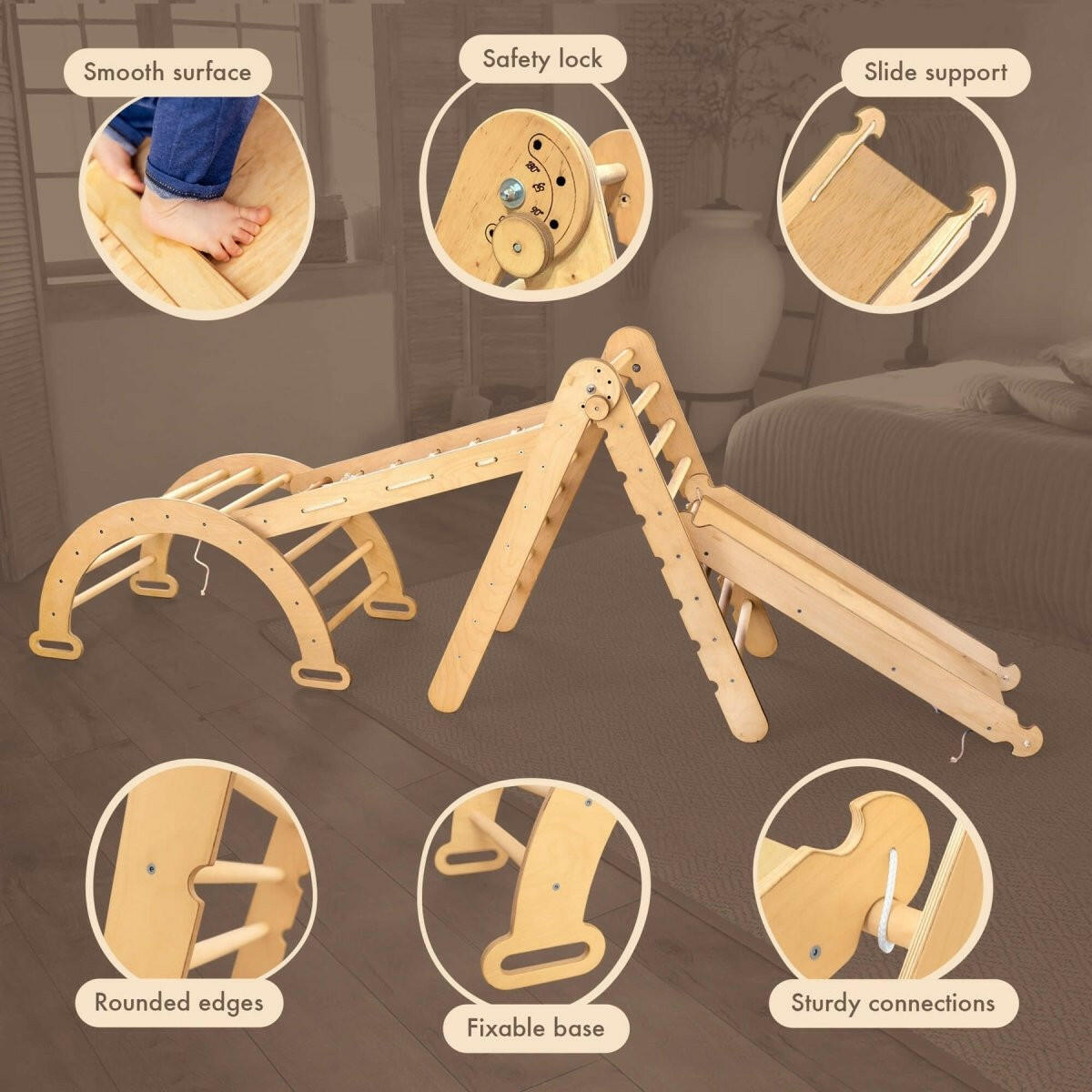 6in1 Montessori Climbing Frame Set: Triangle Ladder + Arch/Rocker + Slide/Ramp + Net + Cushion + Art Addition 6in1 Playsets Goodevas