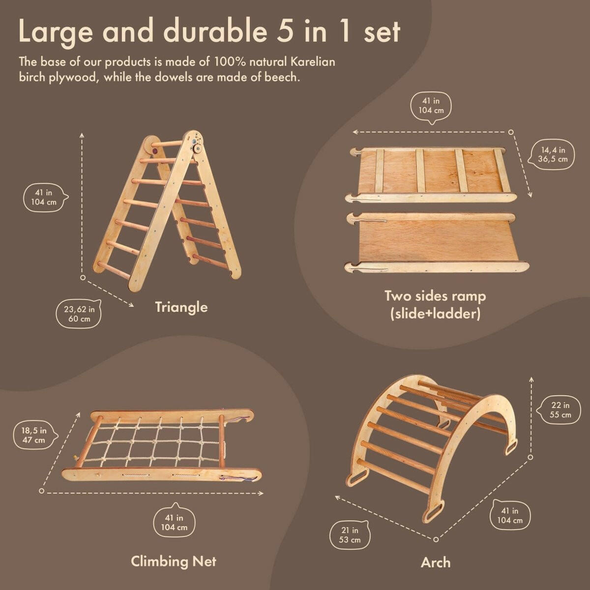 6in1 Montessori Climbing Frame Set: Triangle Ladder + Arch/Rocker + Slide/Ramp + Net + Cushion + Art Addition 6in1 Playsets Goodevas