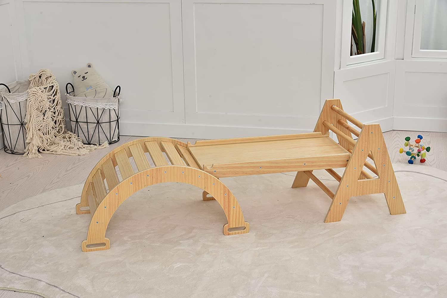 Maple - Wood Small Triangle Climbing Set with Ladder Slide and Rocker Indoor Avenlur.com