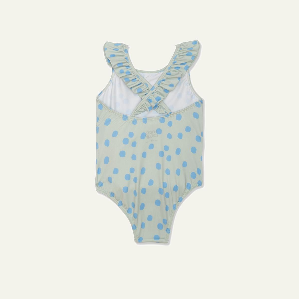 Recycled Polyester Sea Foam Dotted Ruffle Kid Swimsuit - Sea Foam/della Blue