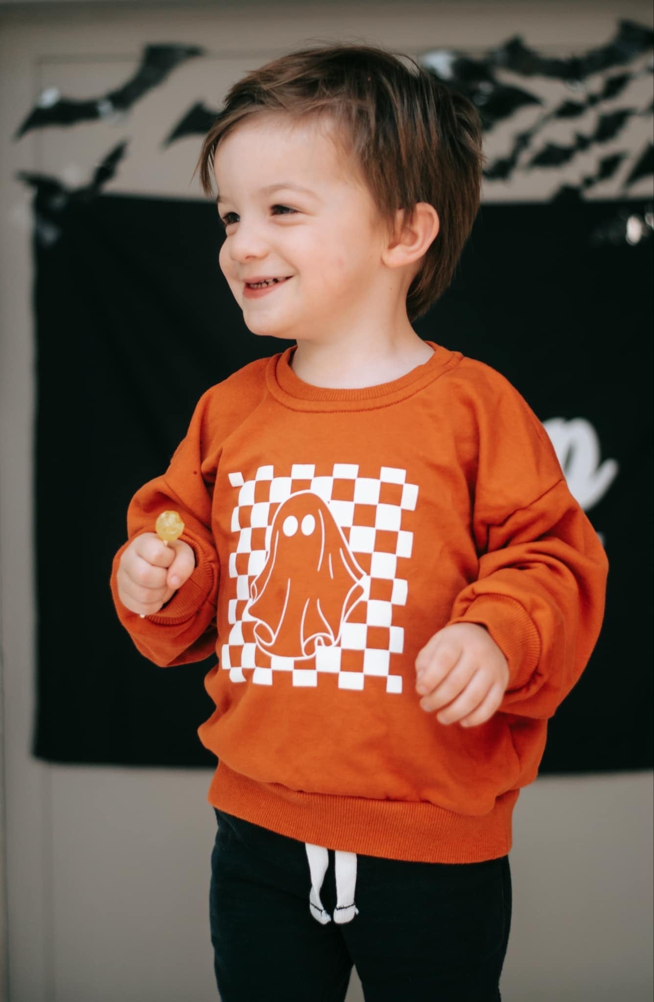 Checkered Ghost Crewneck Sweatshirt - Orange