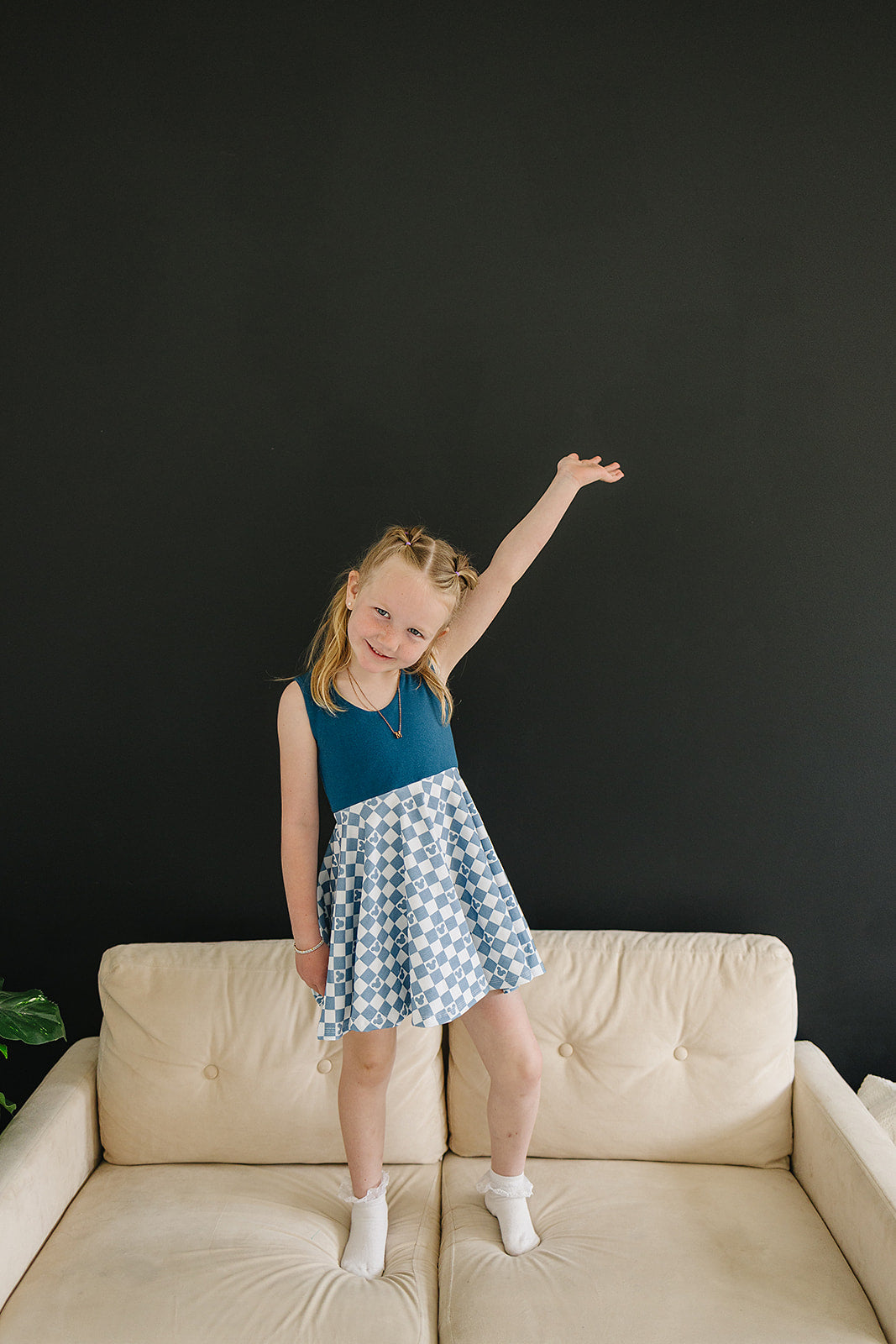 Blue Mouse Check Twirl Dress (Peacock Bodice) Dress doodle & jack
