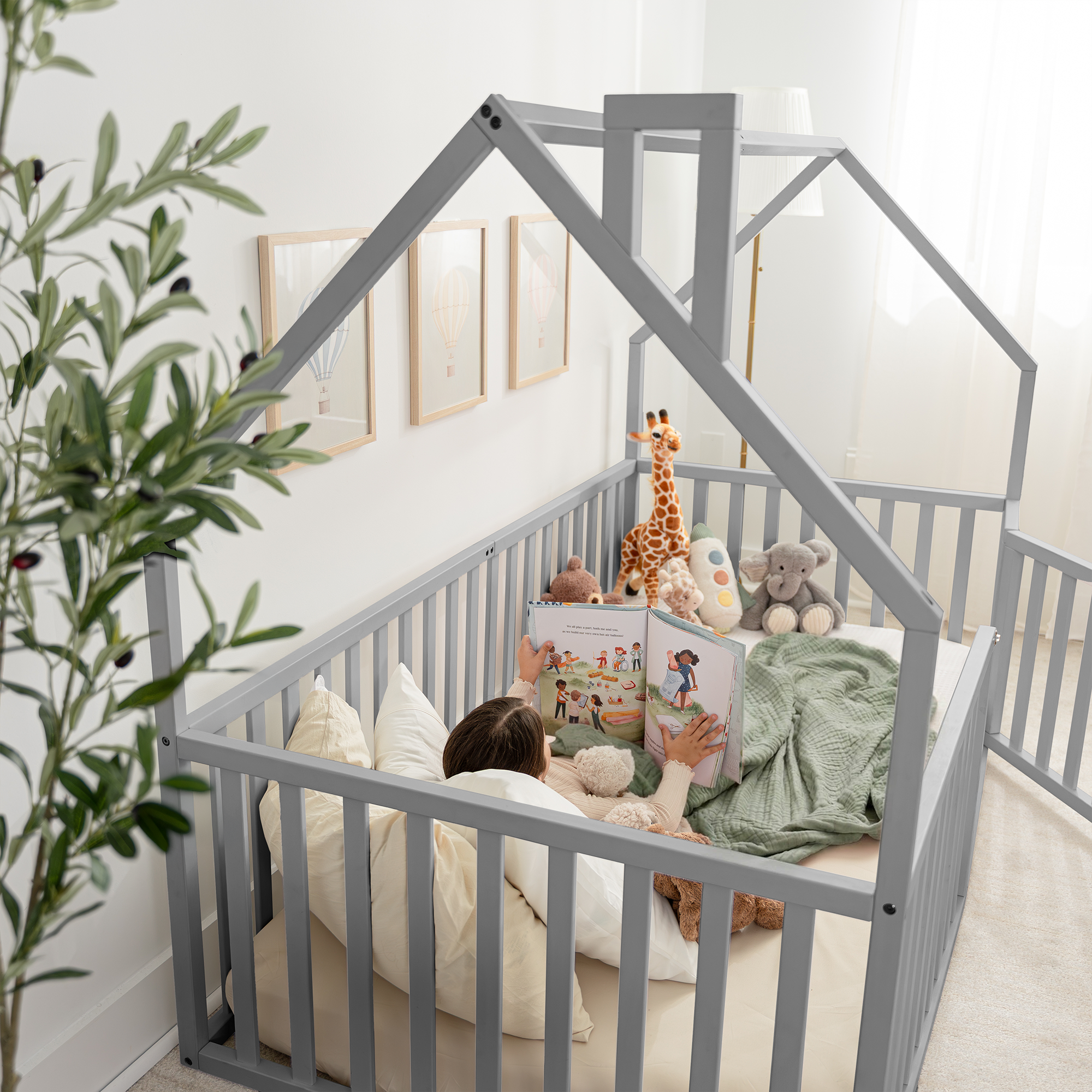 Kids House Gated Floor Bed Twin Size for Children Aged 5+, Grey