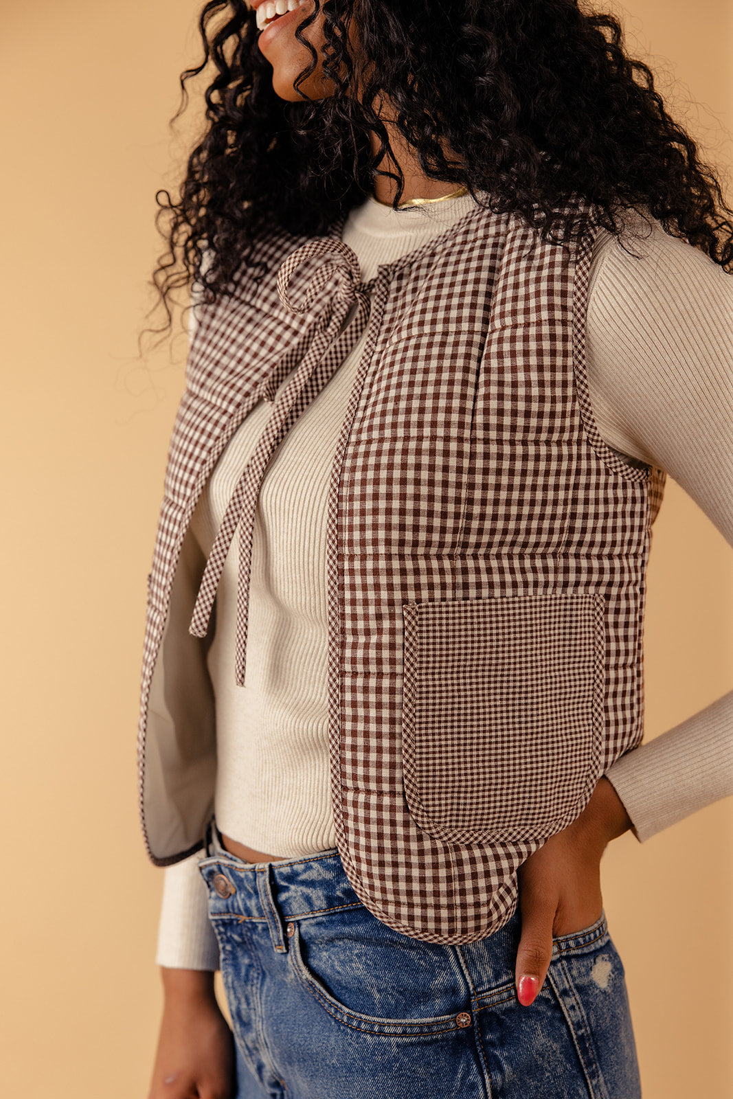 Free Now Gingham Quilted Tie Vest