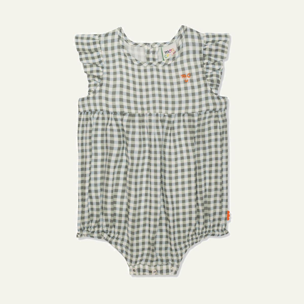 Gingham Linen Baby Girl Romper - Natural/faded Denim