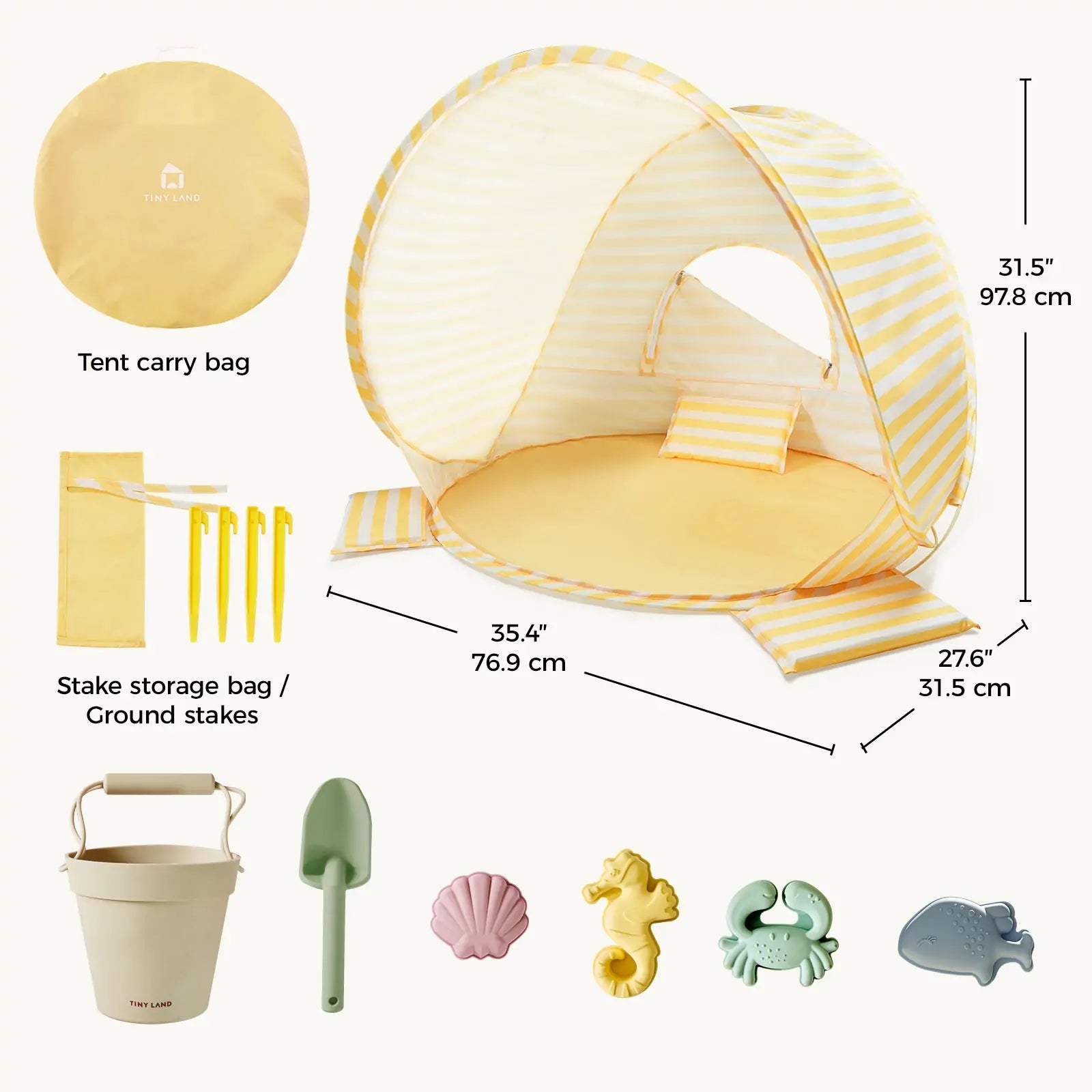 Tiny Land® One-Stop Beach Toy & Tent Set – Pastel Yellow Stripes