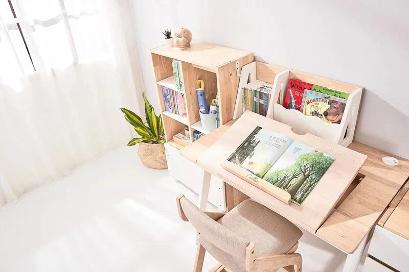 Calla Adjustable Solid Wood Growth Desk with Easel - Rubberwood Construction - Natural Color - Storage Drawers MesaSilla USA