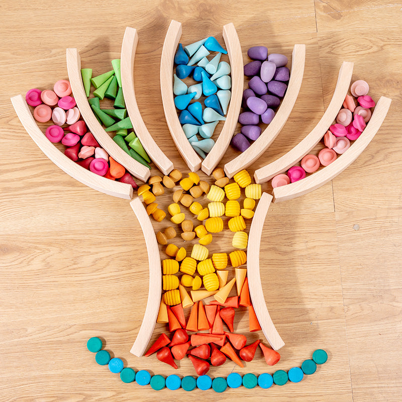 **Pre-order (Ships in 2-3 Weeks)**42-Piece Combination Set – 12 Large & 30 Mini Curved Natural Wooden Building Blocks