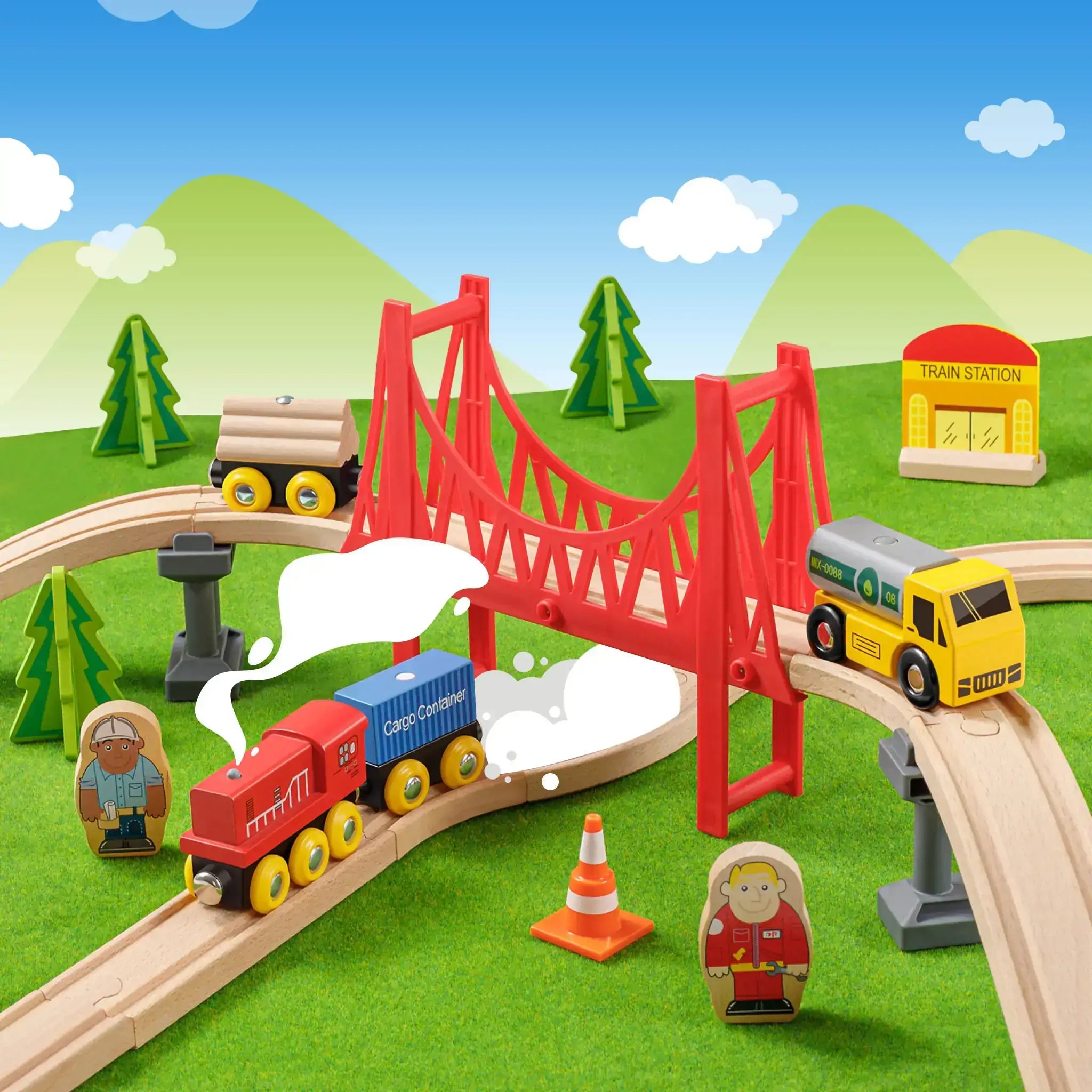 Tiny Land® Wooden Track Trains 55 Pcs Toy Tiny Land