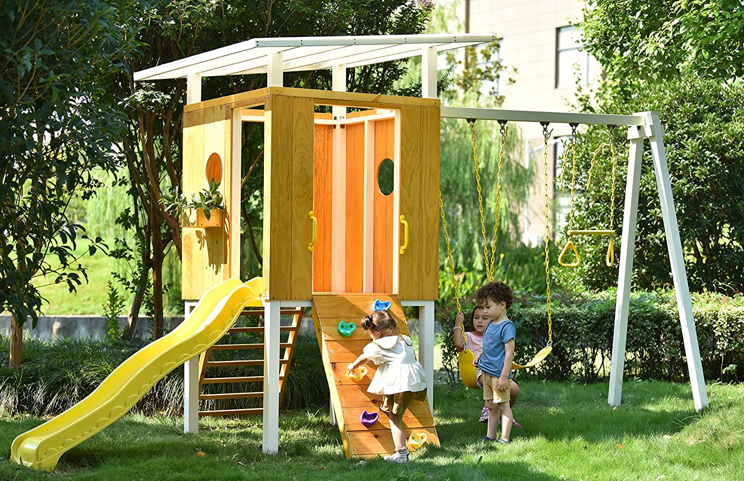 Forest - Modern Backyard Outdoor Swing Set 2 Swings And Trapeze Bar Outdoor Avenlur.com