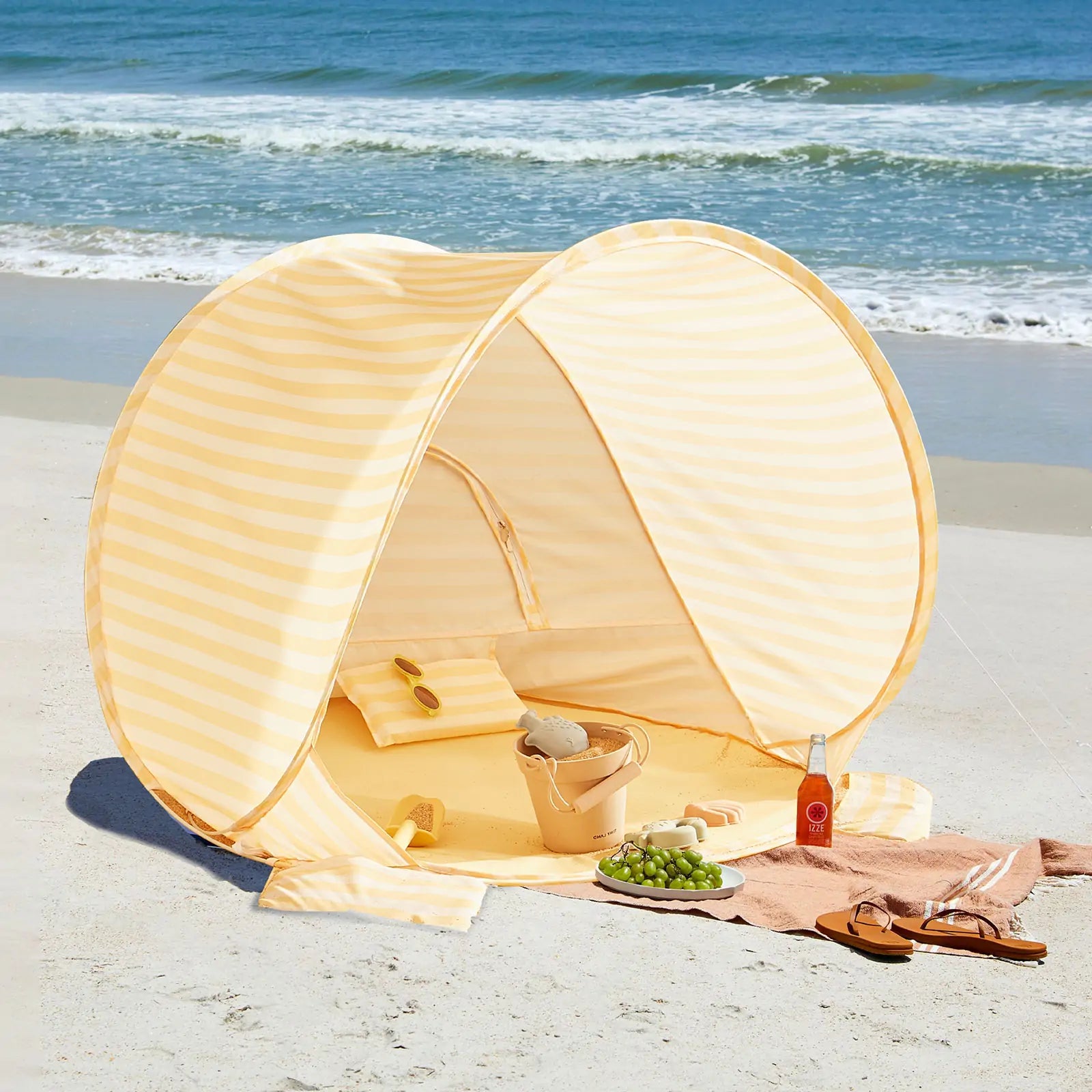 Tiny Land® One-Stop Beach Toy & Tent Set – Pastel Yellow Stripes