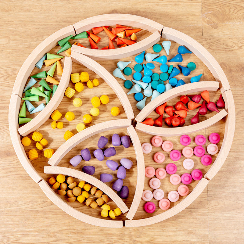 **Pre-order (Ships in 2-3 Weeks)**42-Piece Combination Set – 12 Large & 30 Mini Curved Natural Wooden Building Blocks