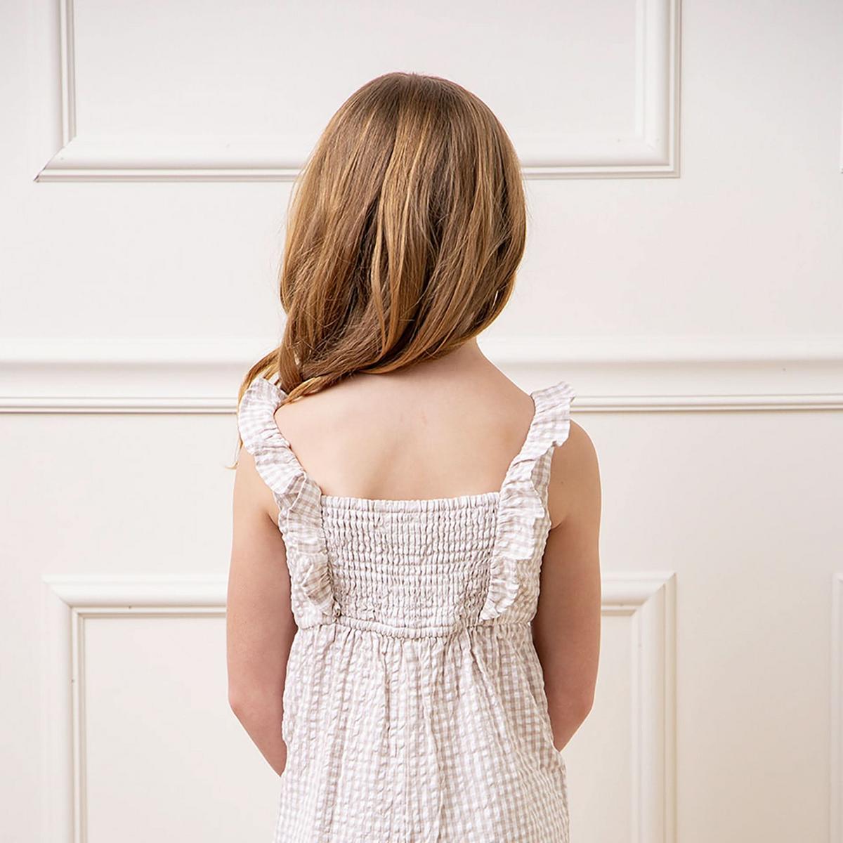 Ruffle Neck Organic Jumpsuit - Taupe Gingham Seersucker