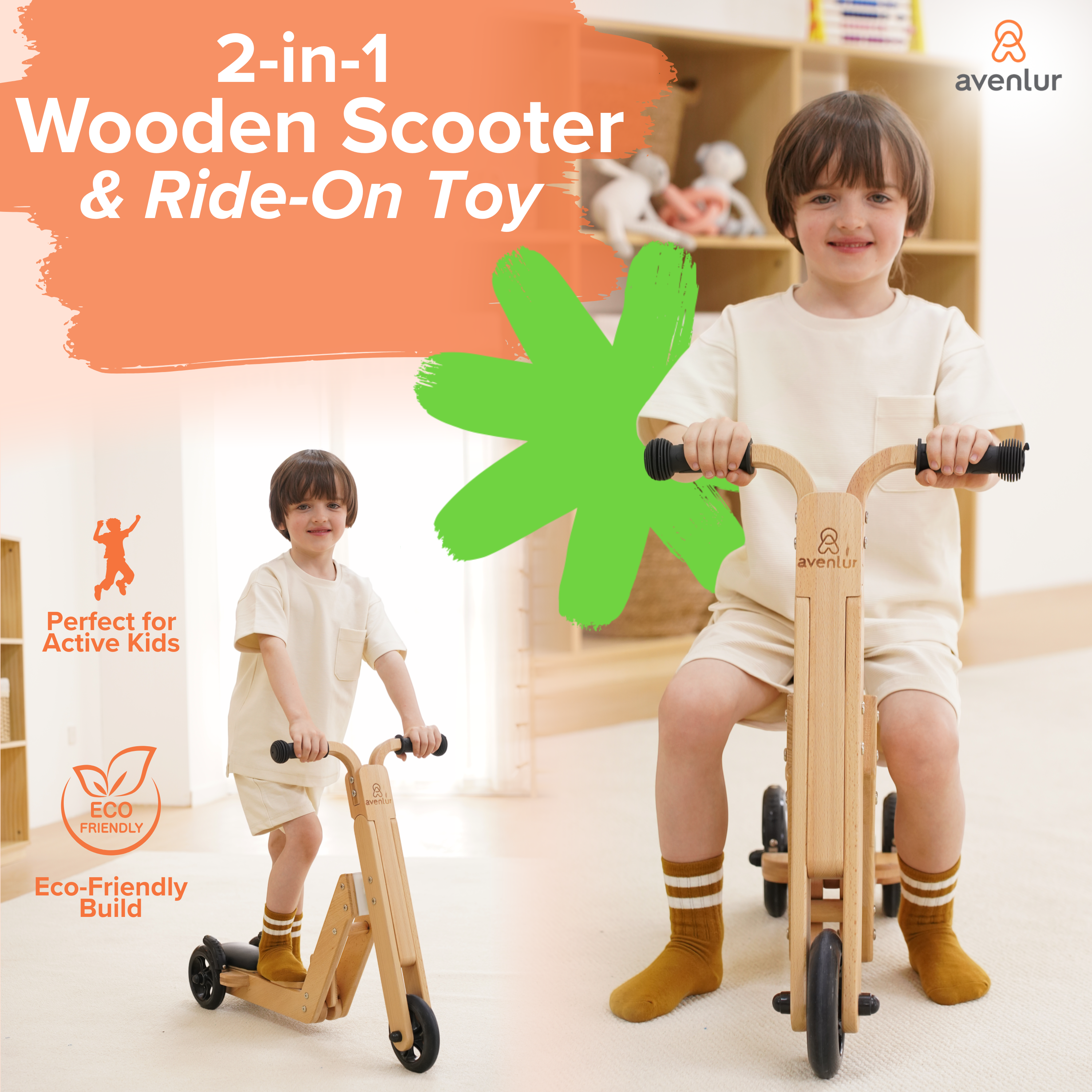 Juneberry 2-in-1 Wooden Scooter & Ride-On Toy for Toddlers