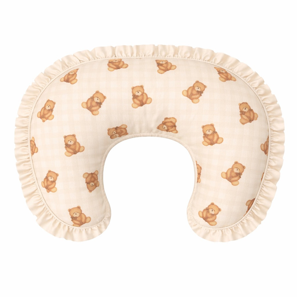 Beige Teddy Bear Gingham Ruffle Nursing Pillow Cover