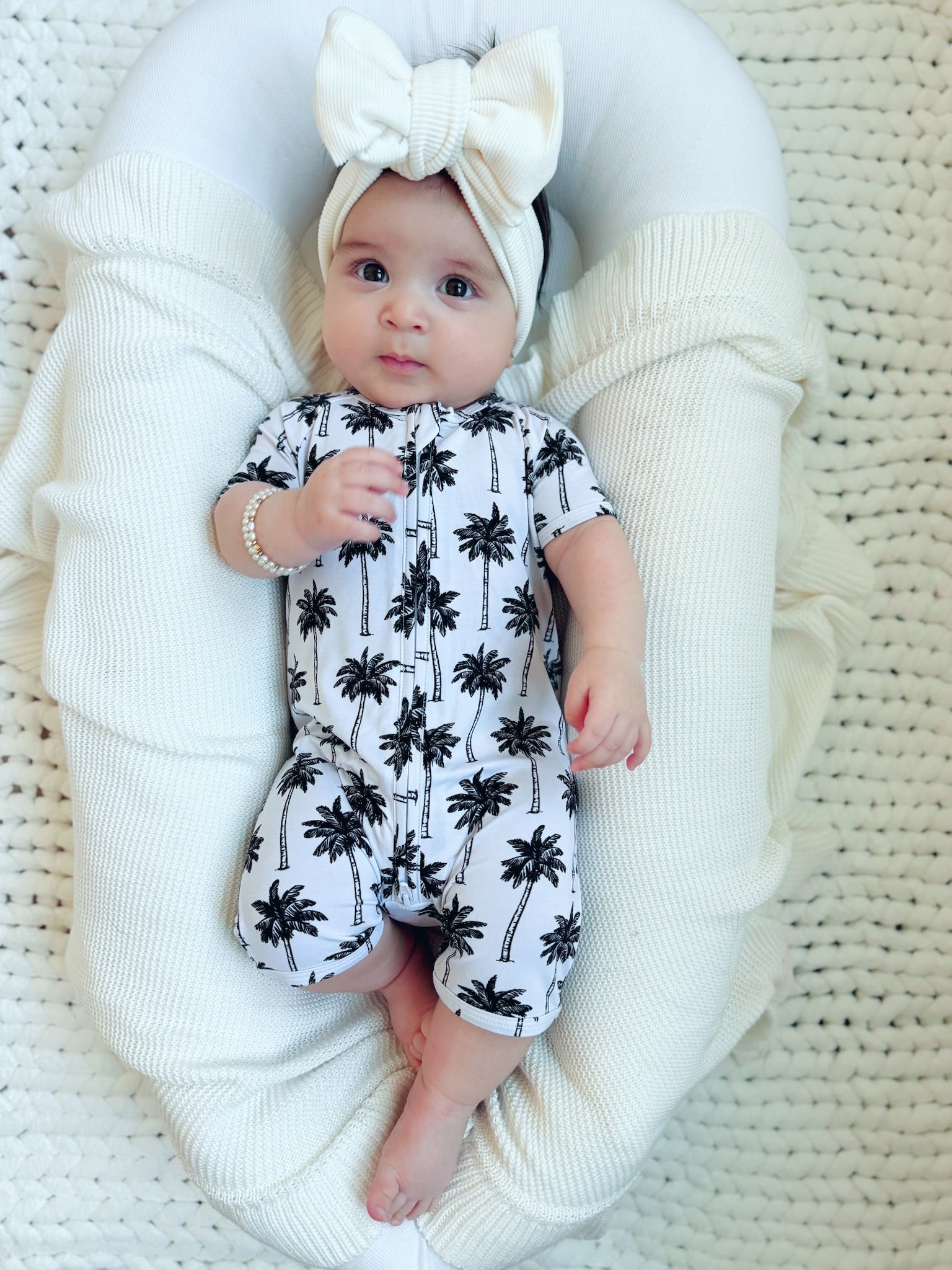 Bamboo Shorty Romper | Palm Style White