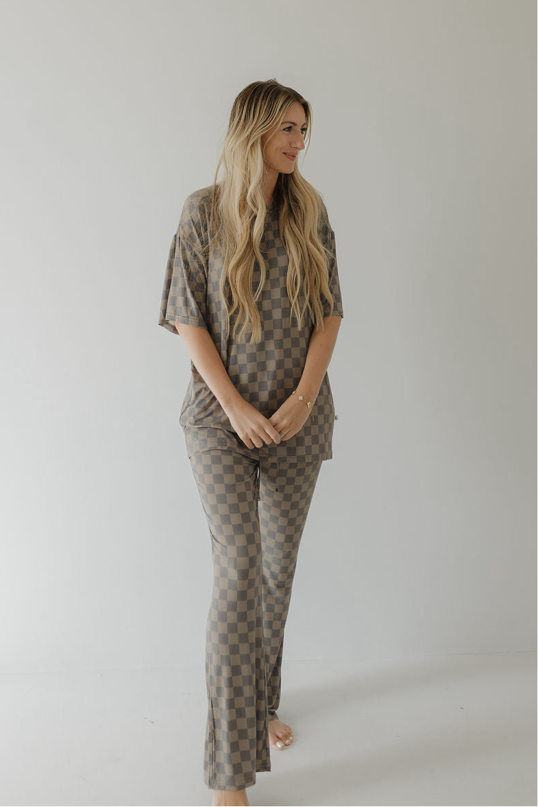 Short Sleeve Women's Bamboo Pajama | Faded Brown Checkerboard