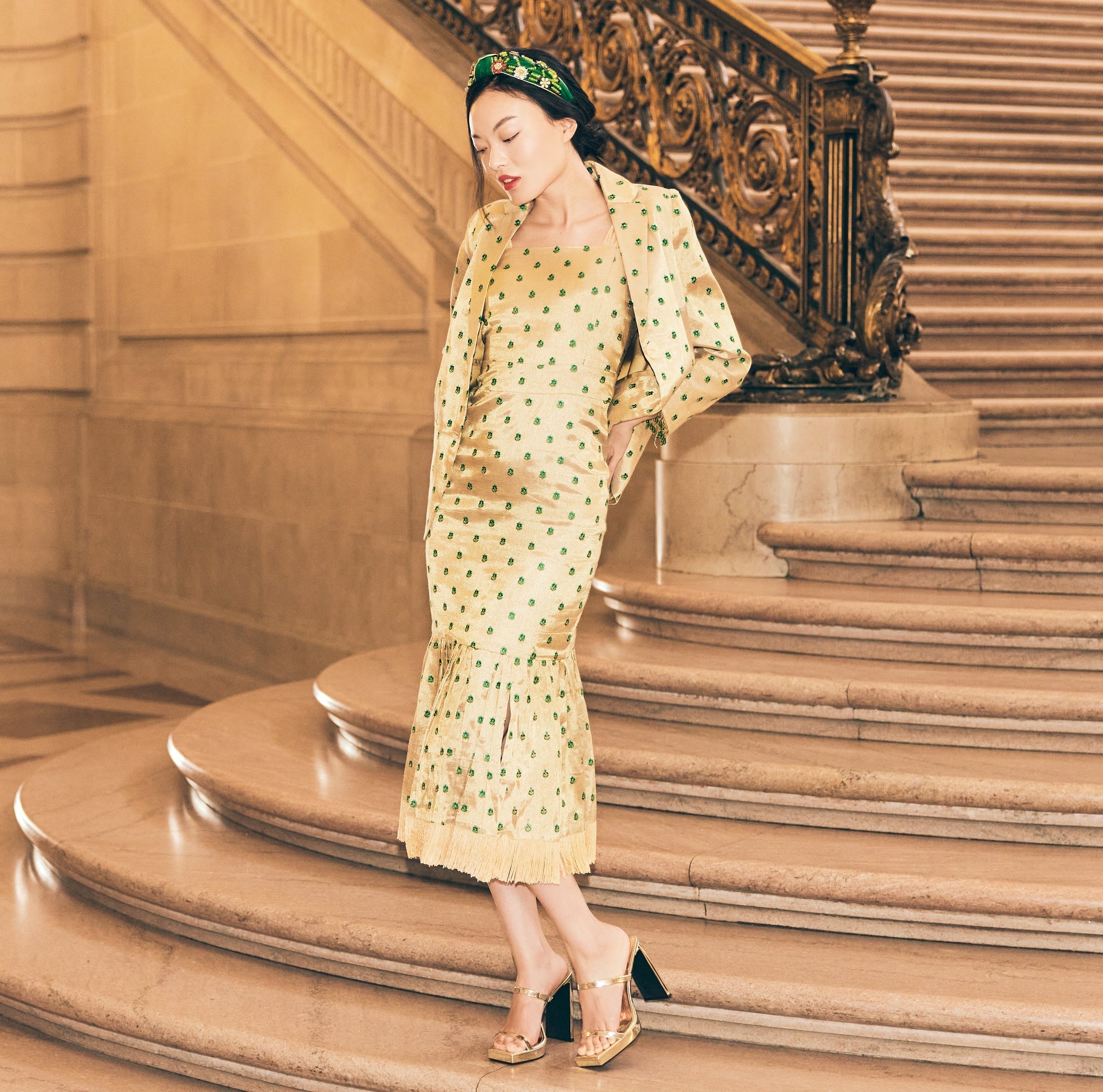 Desirae Embroidered Beaded Blazer - Light Gold/Mini Geometric Floral embroidery