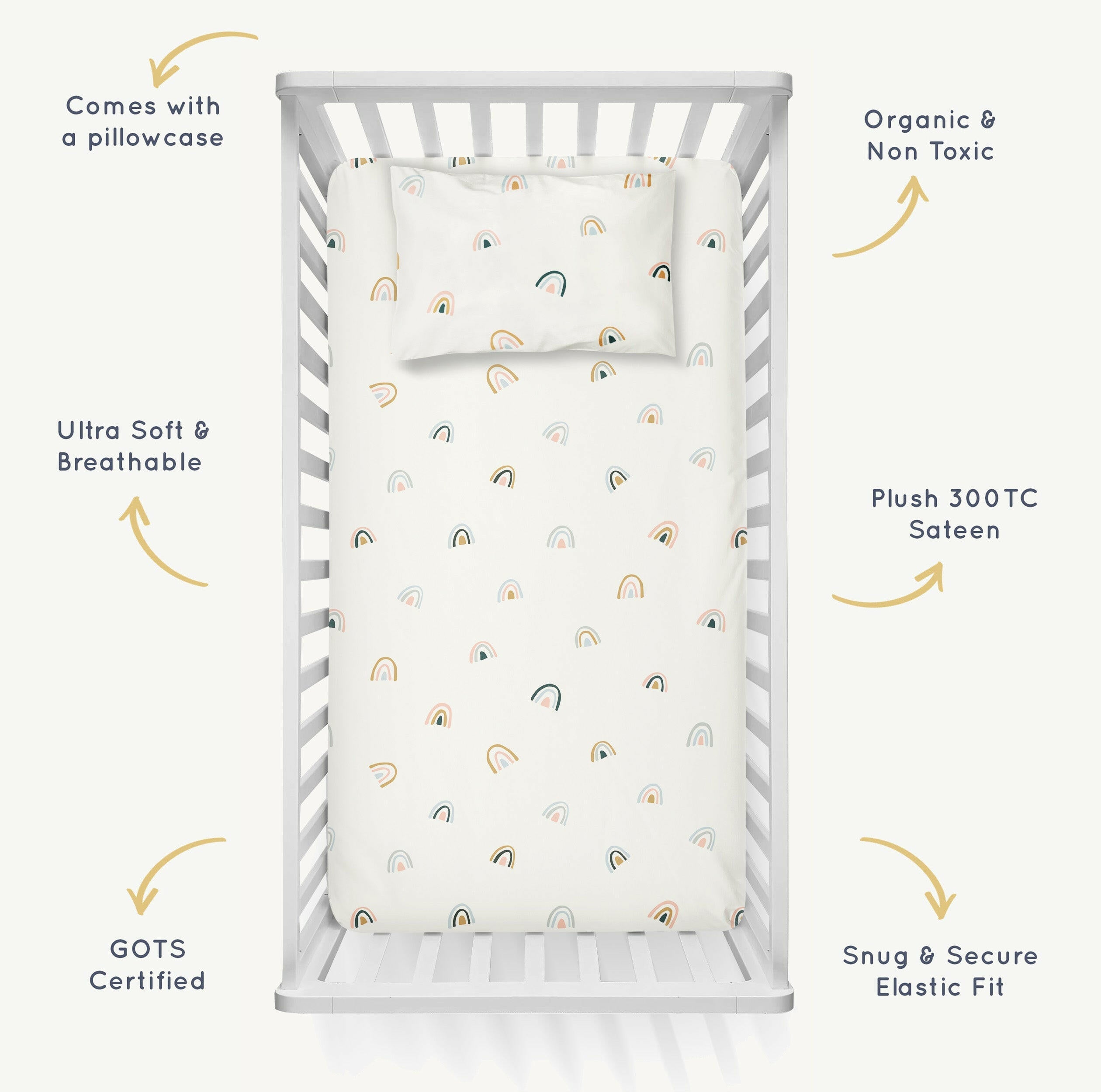 Crib Fitted Sheet with Pillowcase - Over The Rainbow Crib Sheet Makemake Organics