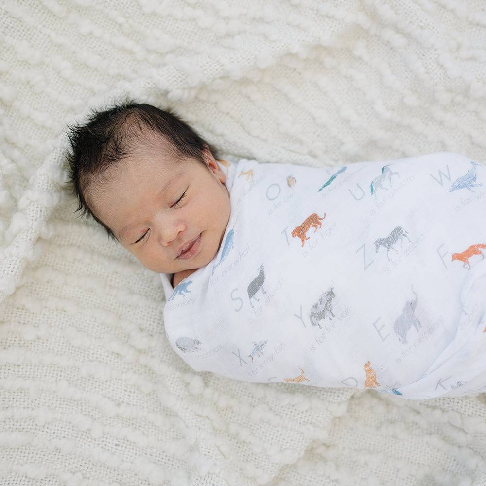 Muslin Swaddle Blanket Oh So Soft Animal Alphabet Swaddle Blanket Bebe au Lait
