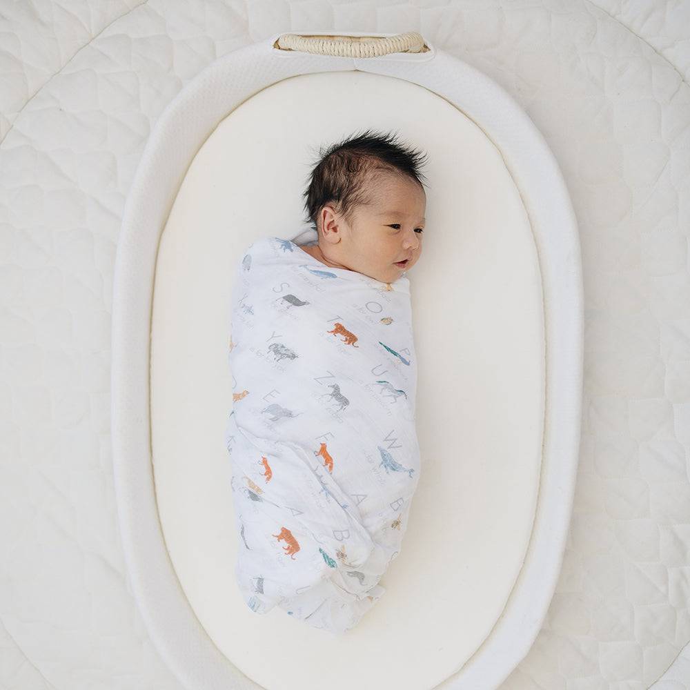 Muslin Swaddle Blanket Oh So Soft Animal Alphabet Swaddle Blanket Bebe au Lait