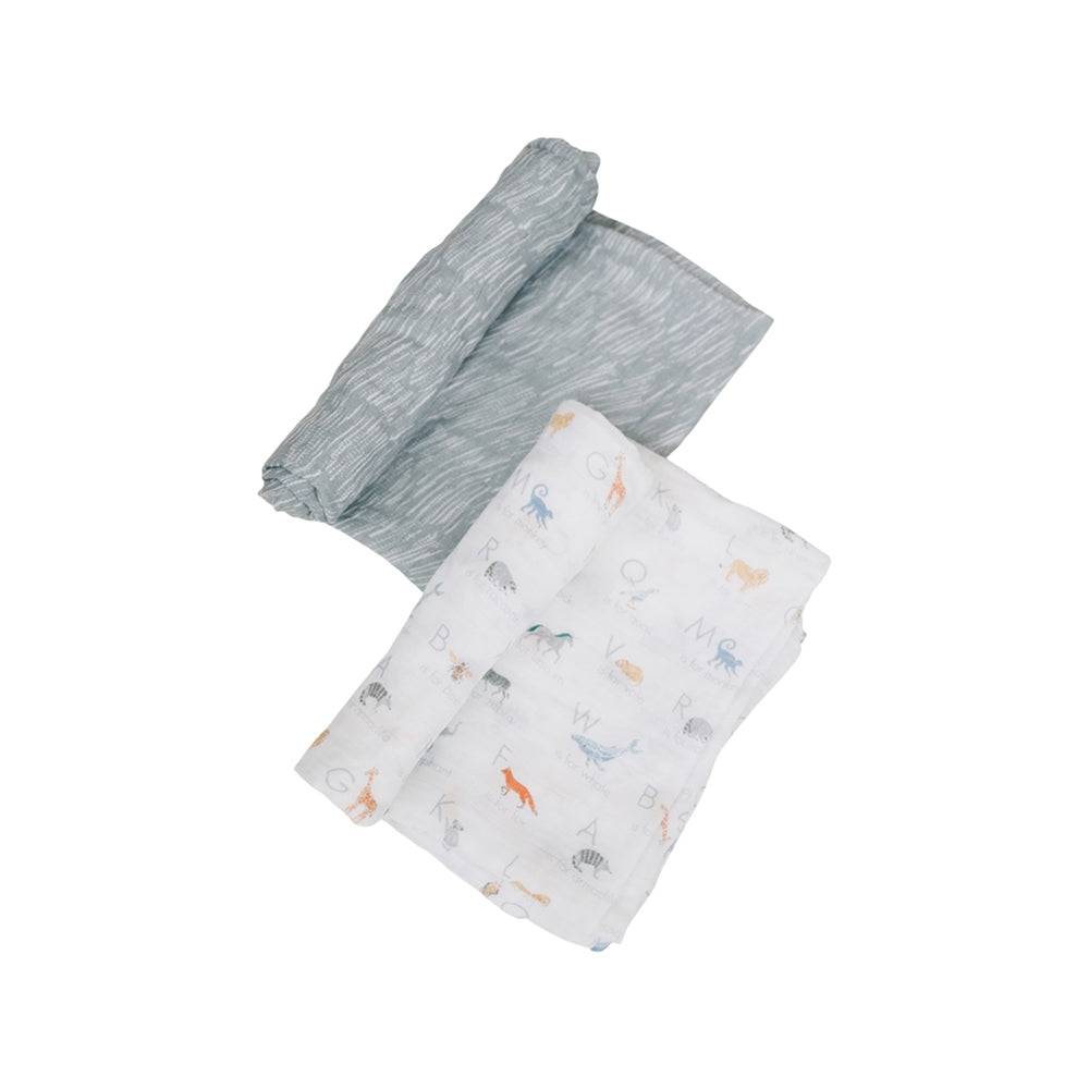 Muslin Swaddle Blanket Set Oh So Soft Animal Alphabet + Grey Crayon Swaddle Blanket Bebe au Lait