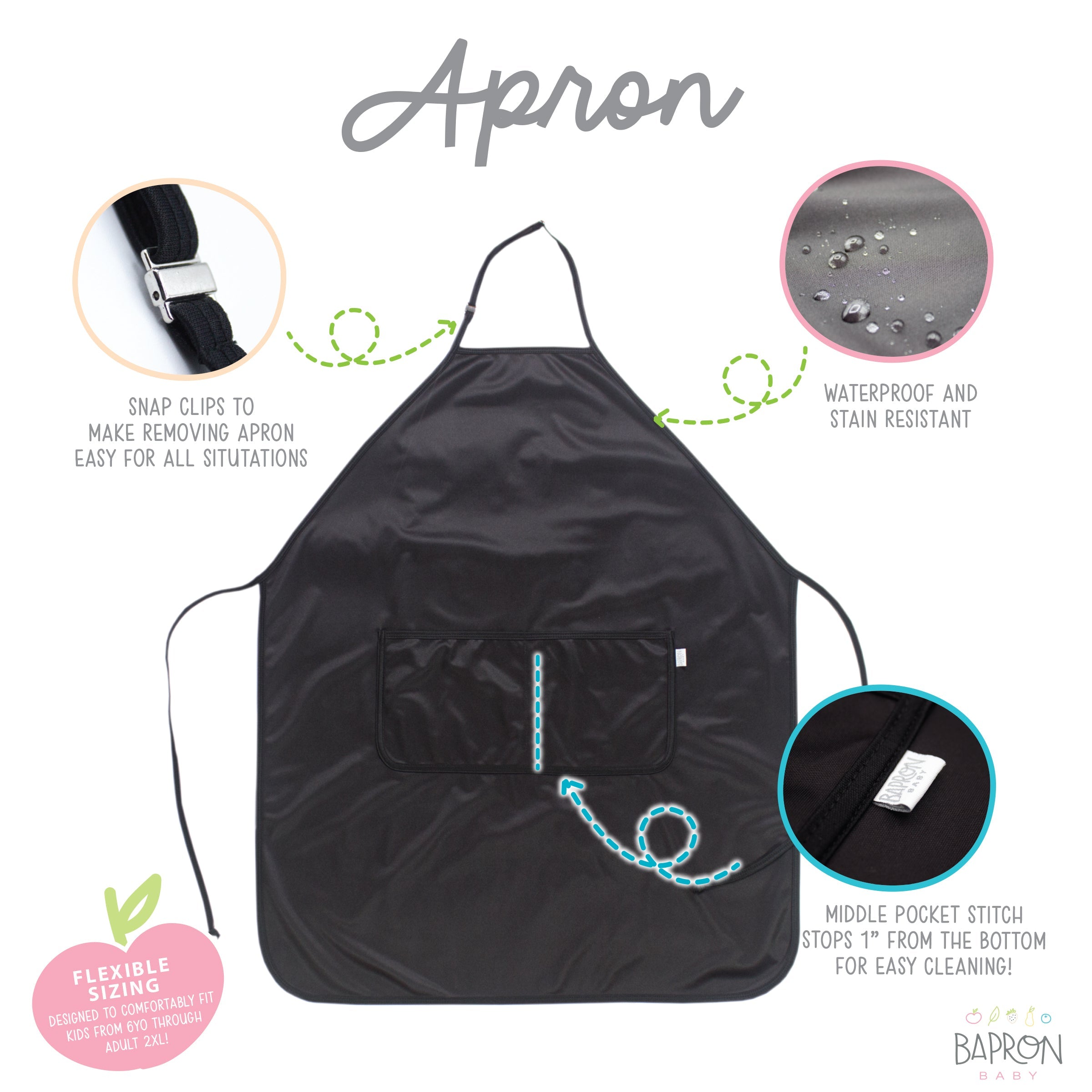 Solid Black Minimalist Apron - fits sizes youth small through adult 2XL BapronBaby