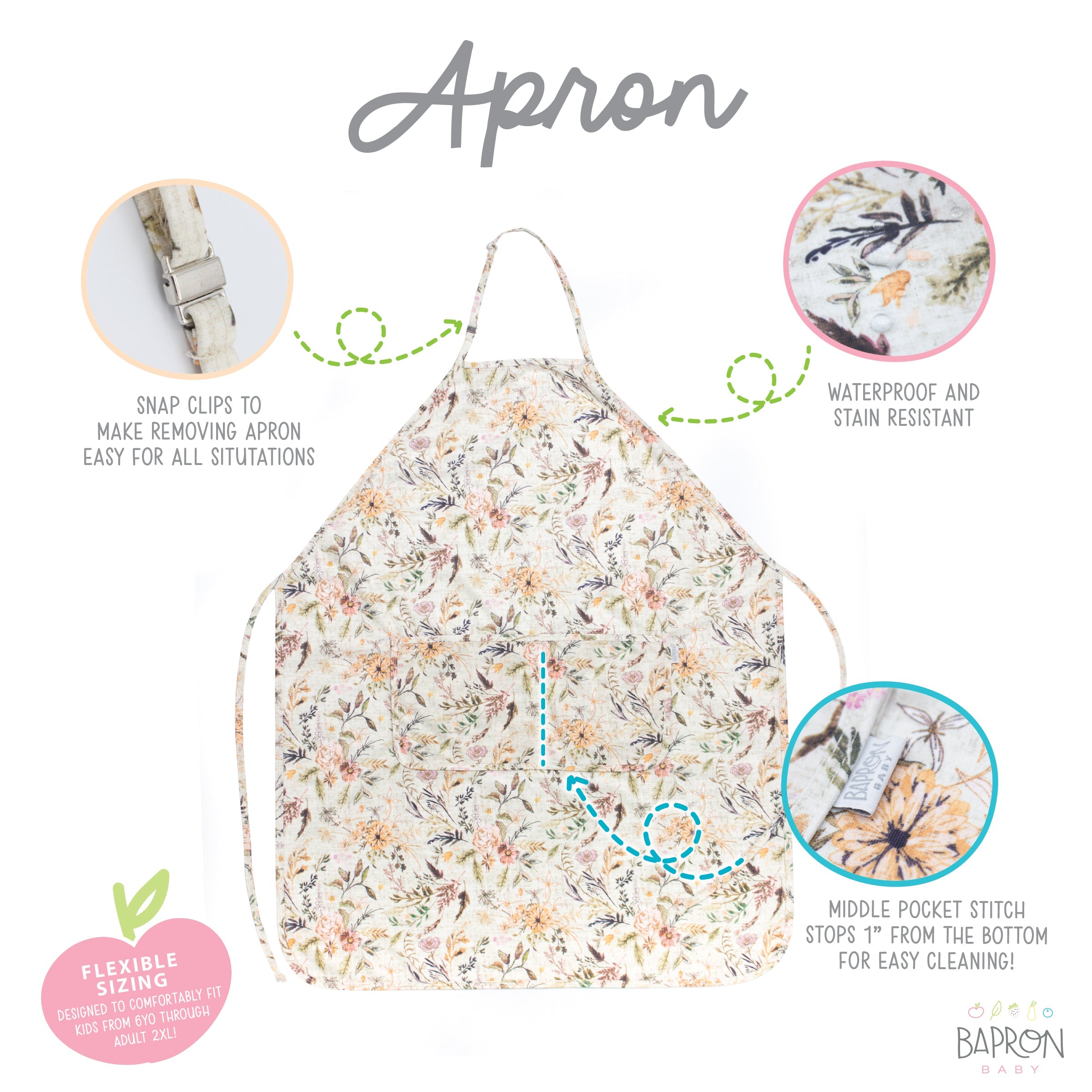 Delilah Floral Apron - fits sizes youth small through adult 2XL BapronBaby