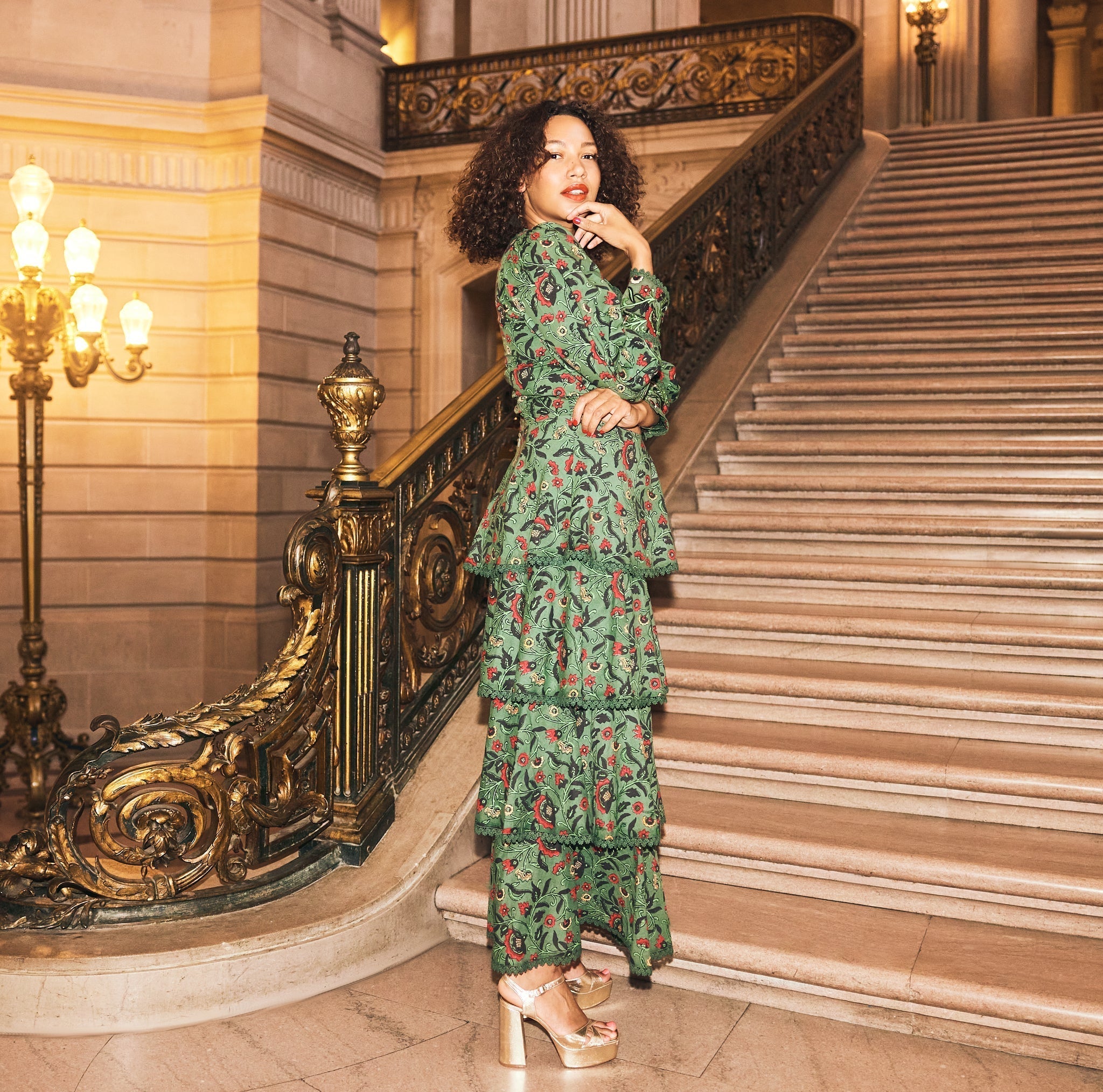 Brenda Tiered Skirt - Forest/Copper & Crimson Floral print