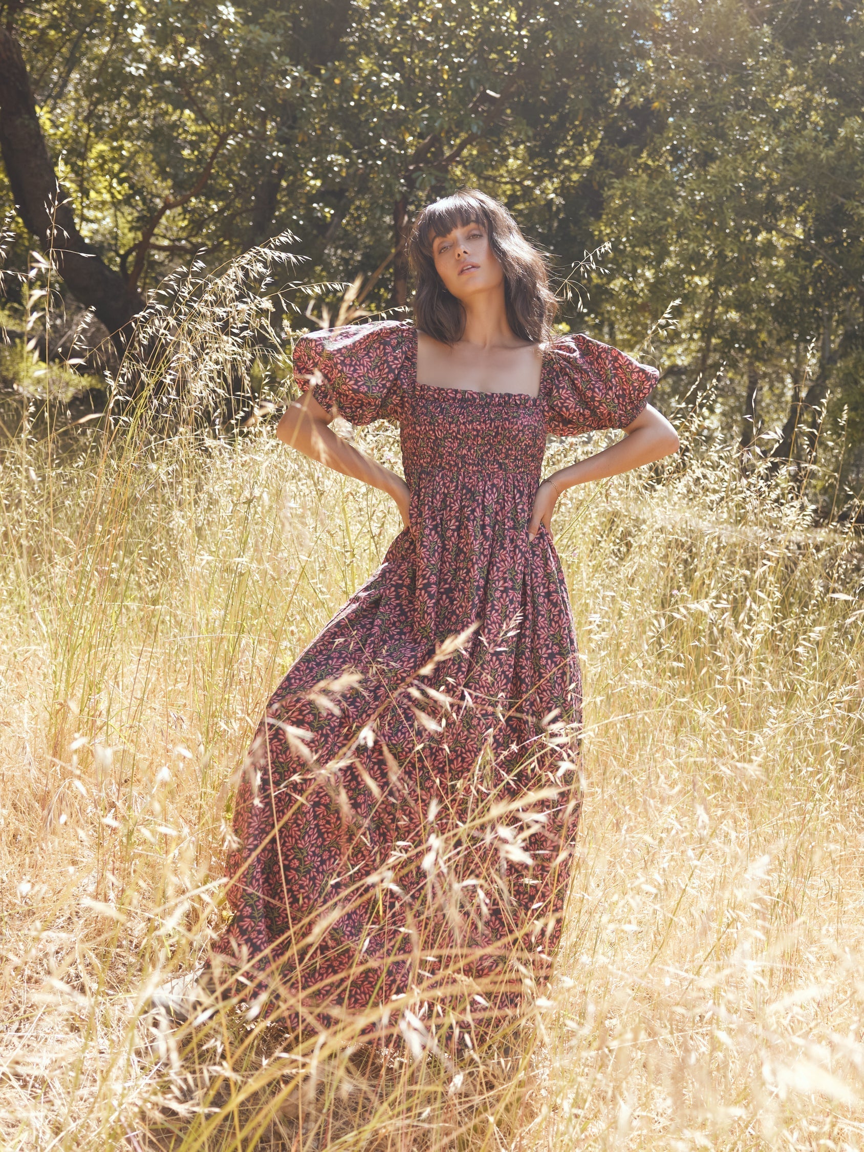 Aurora Puff Sleeve Maxi Dress - Faded Onyx/Light Ruby Floral