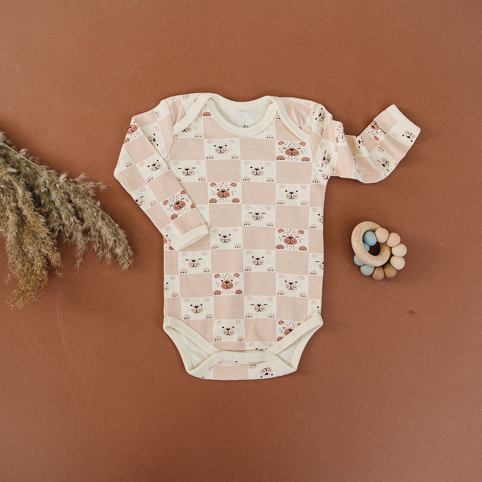 Organic Cotton Long Sleeve Bodysuit - Checkered Bear