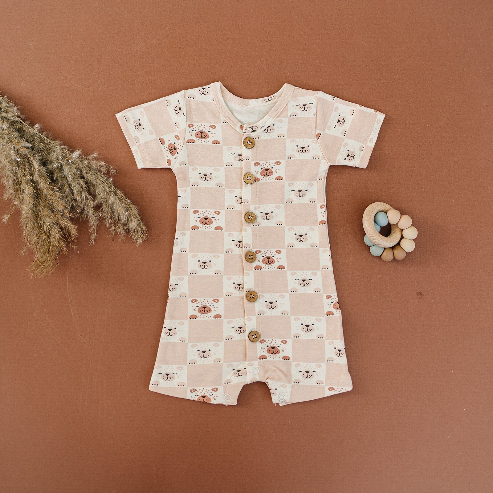 GOTS Certified Organic Cotton Short Sleeve Romper - Checkered Bear