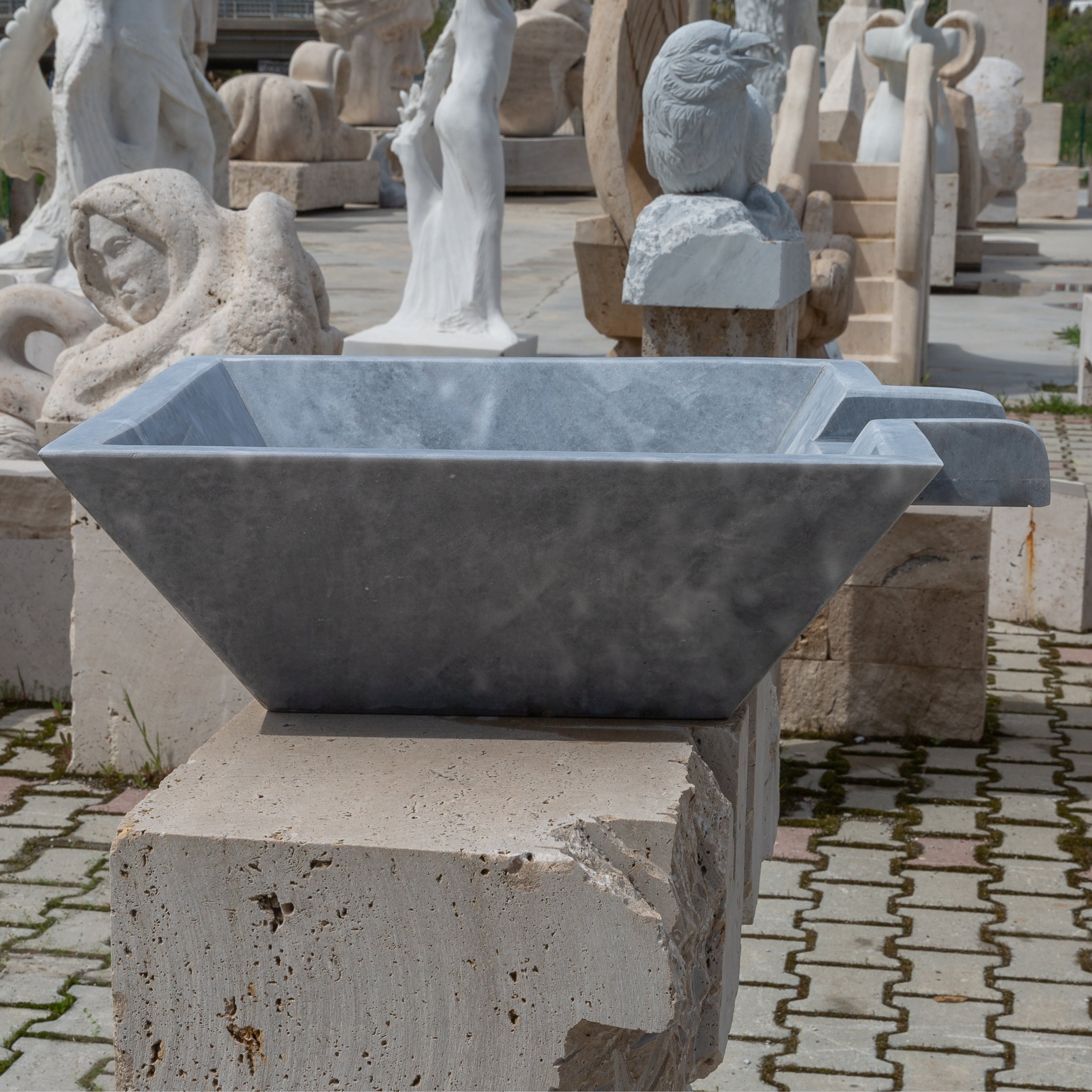 Bluestone Marble Natural Stone Pool Square Cascade Water Bowl - Belair Collection