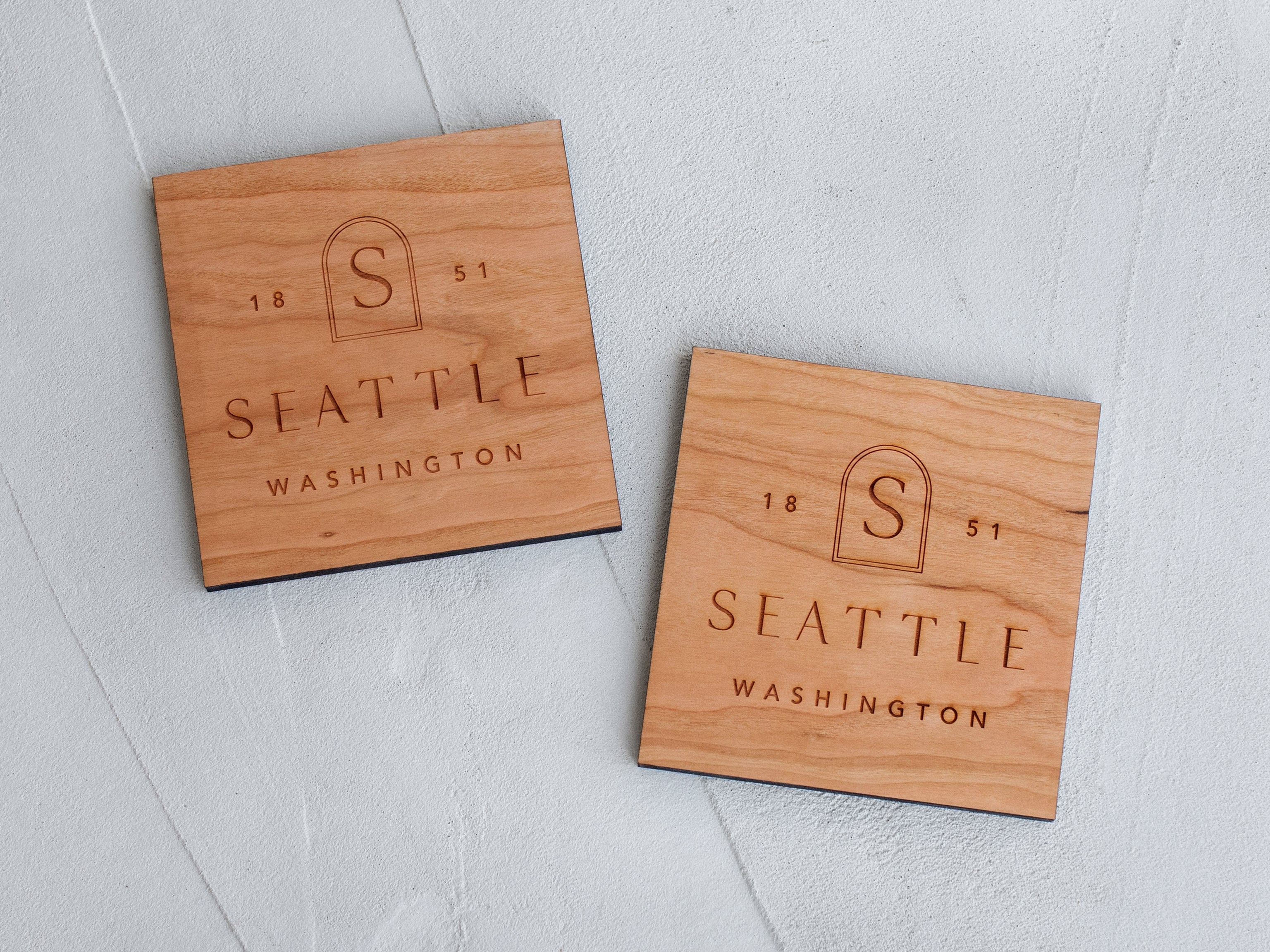 Boho Custom City & State Badge Wooden Coasters • Handmade Set of 4