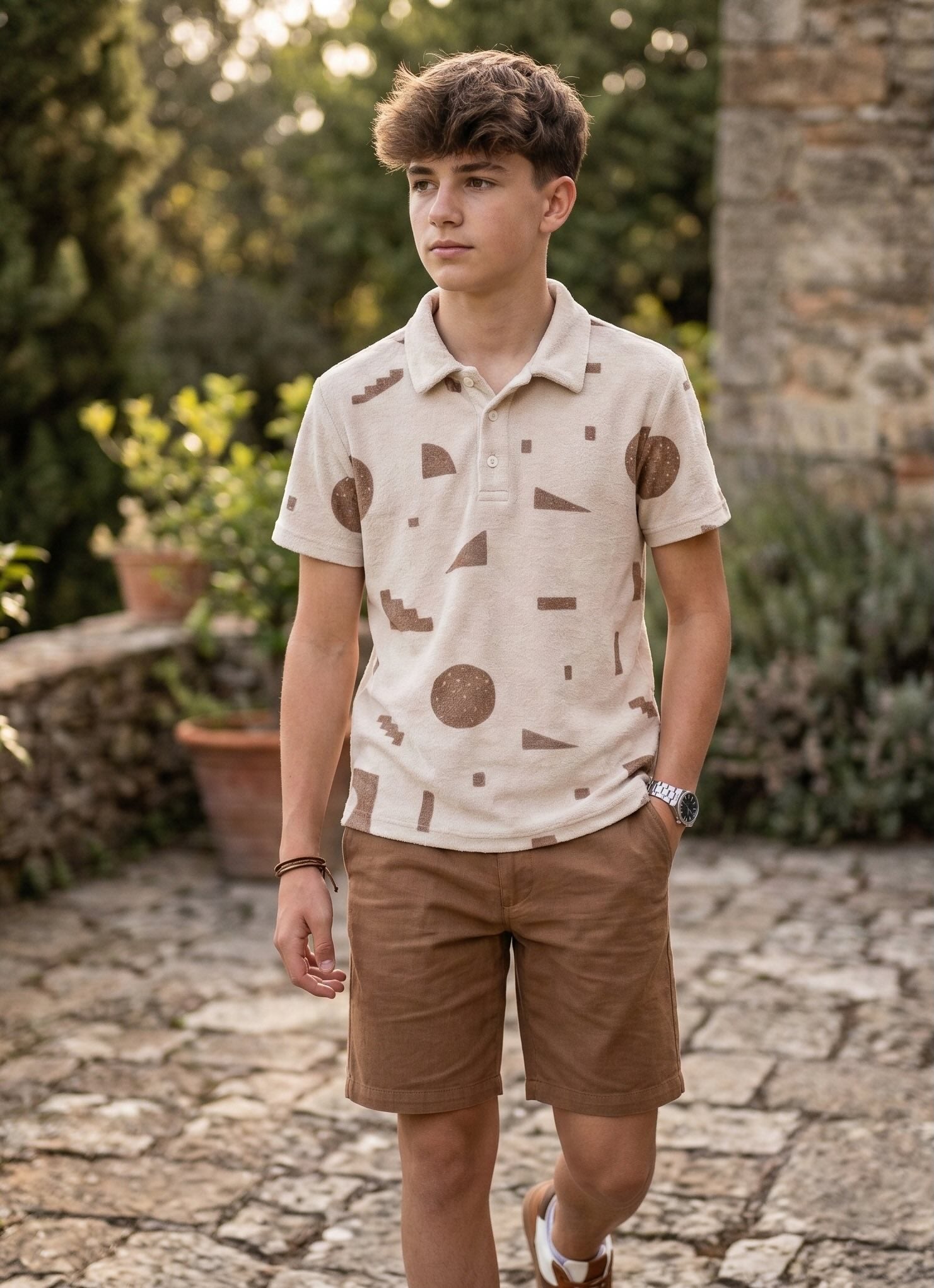 Boys Terry Polo Shirt with Geo Print - Cream