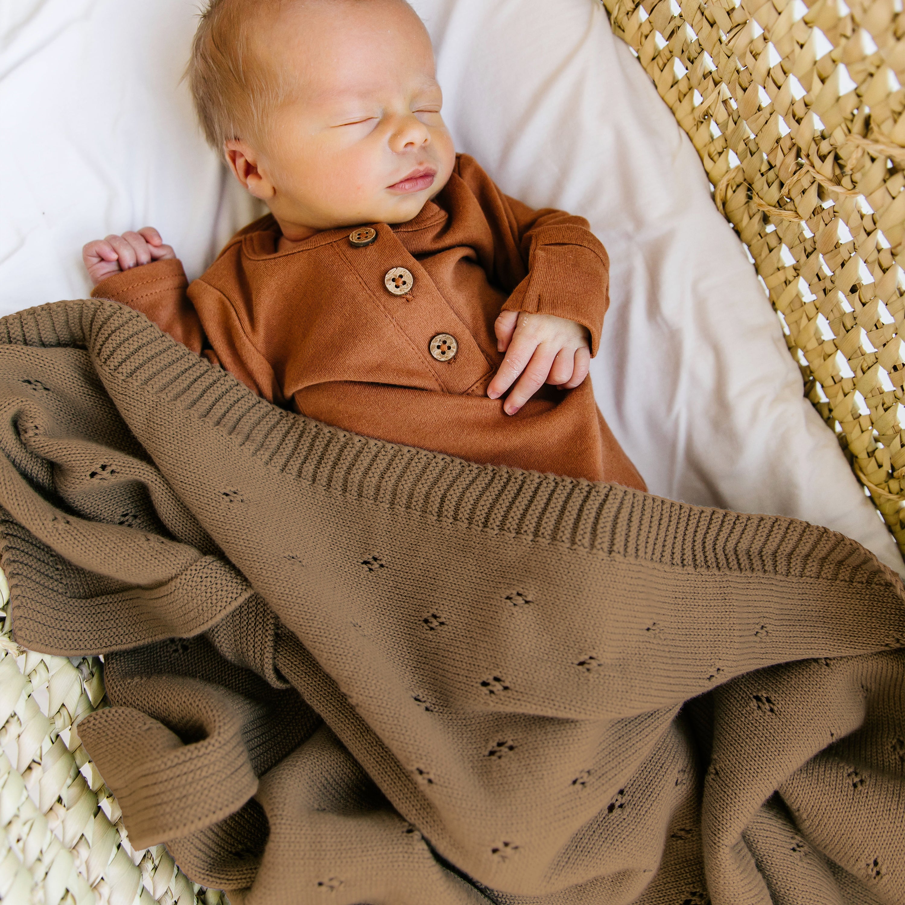 Organic Cotton Pointelle Baby Knit Blanket - Brown