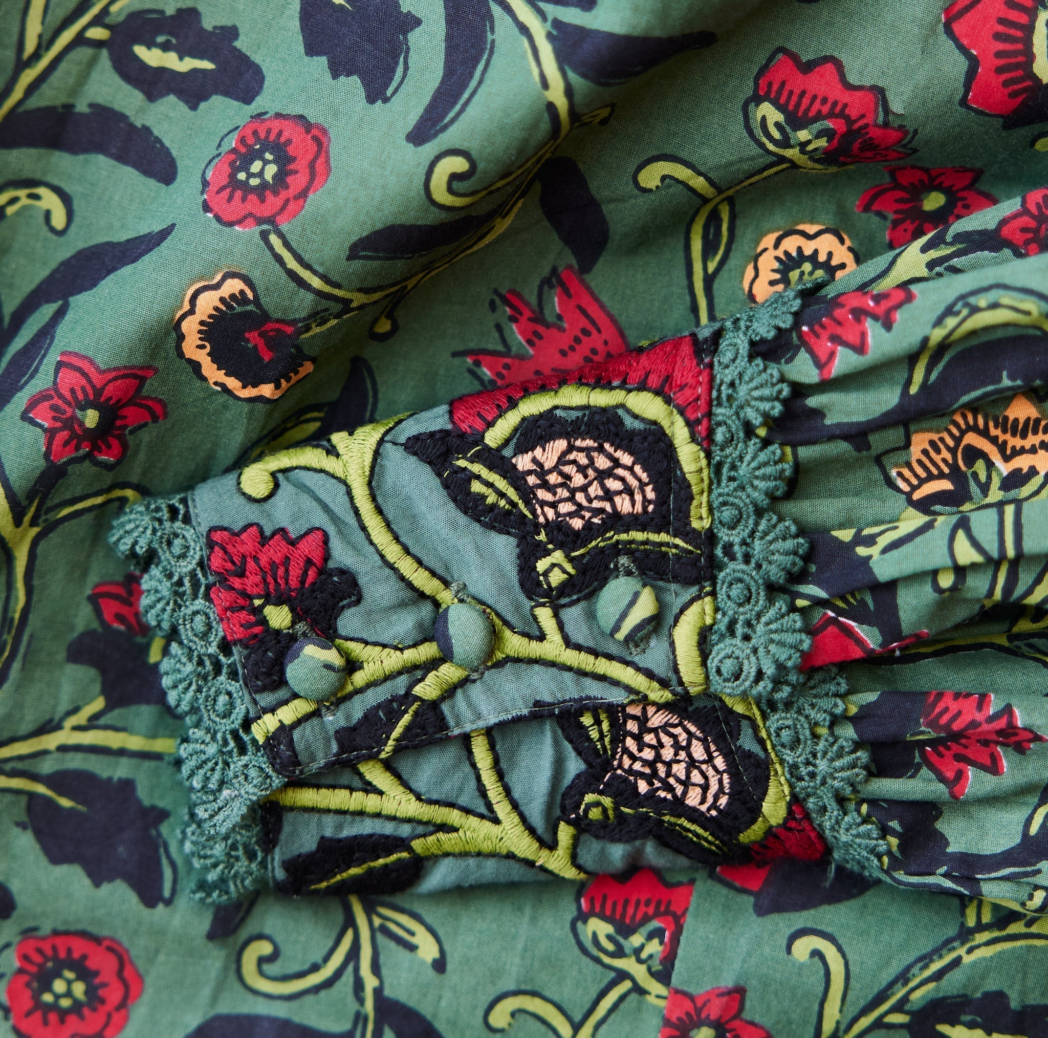 Victoria Embroidered Top - Forest/Copper & Crimson Floral print