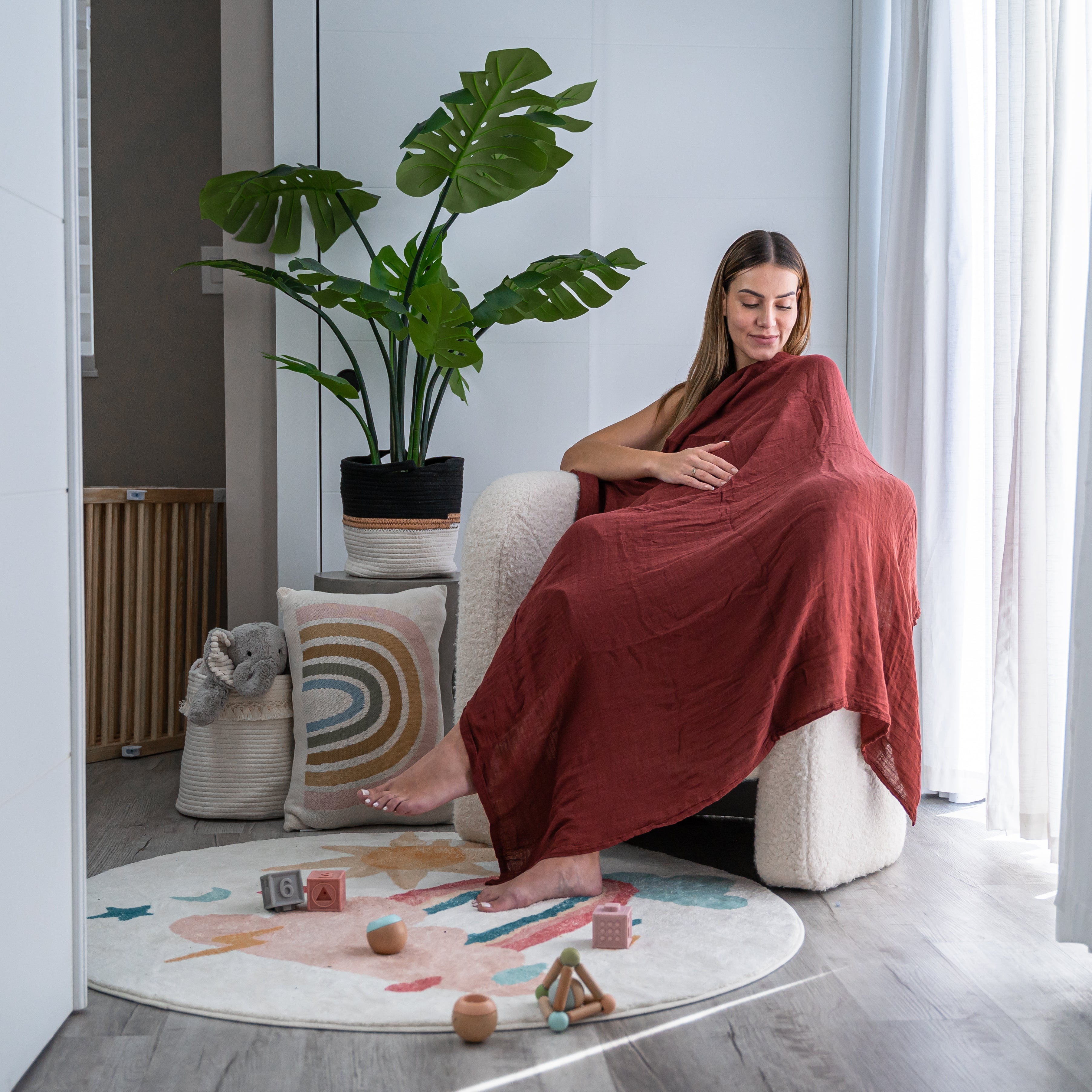 Muslin Swaddle Blankets in Wine, Neptune, Fern, Caramel, 4 Pack