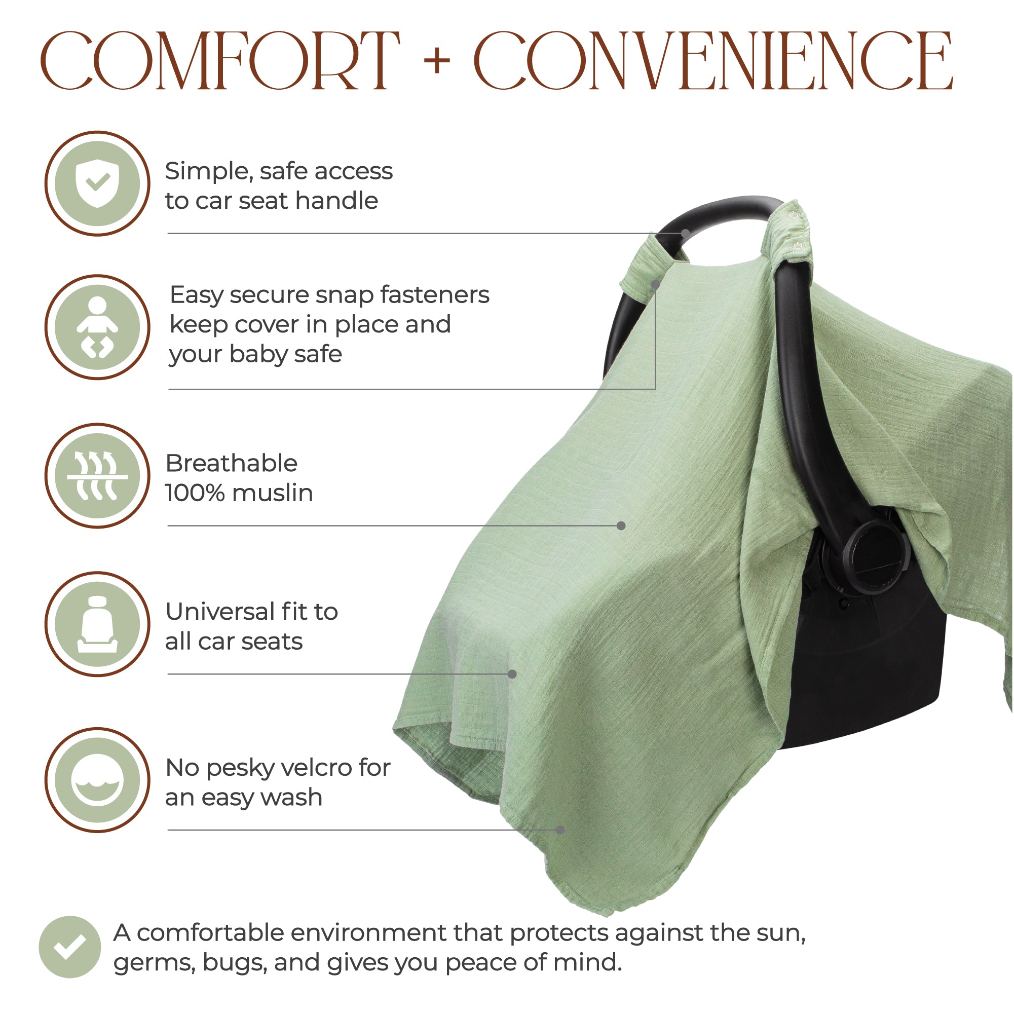 Muslin Baby Car Seat Cover by Comfy Cubs - Sage