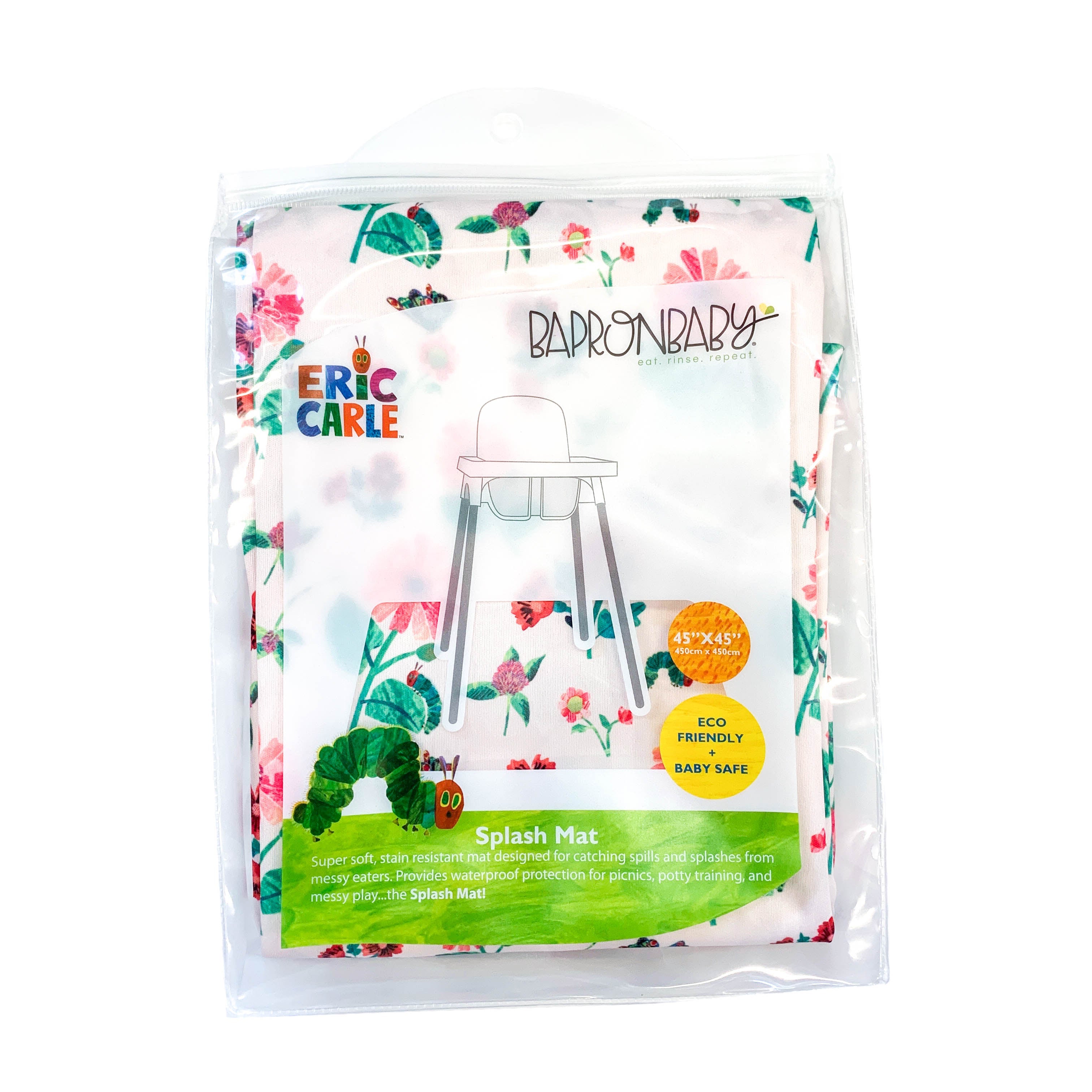 Pink Floral Caterpillar Splash Mat - from the World Of Eric Carle - A Waterproof Catch-All for Highchair Spills and More! BapronBaby