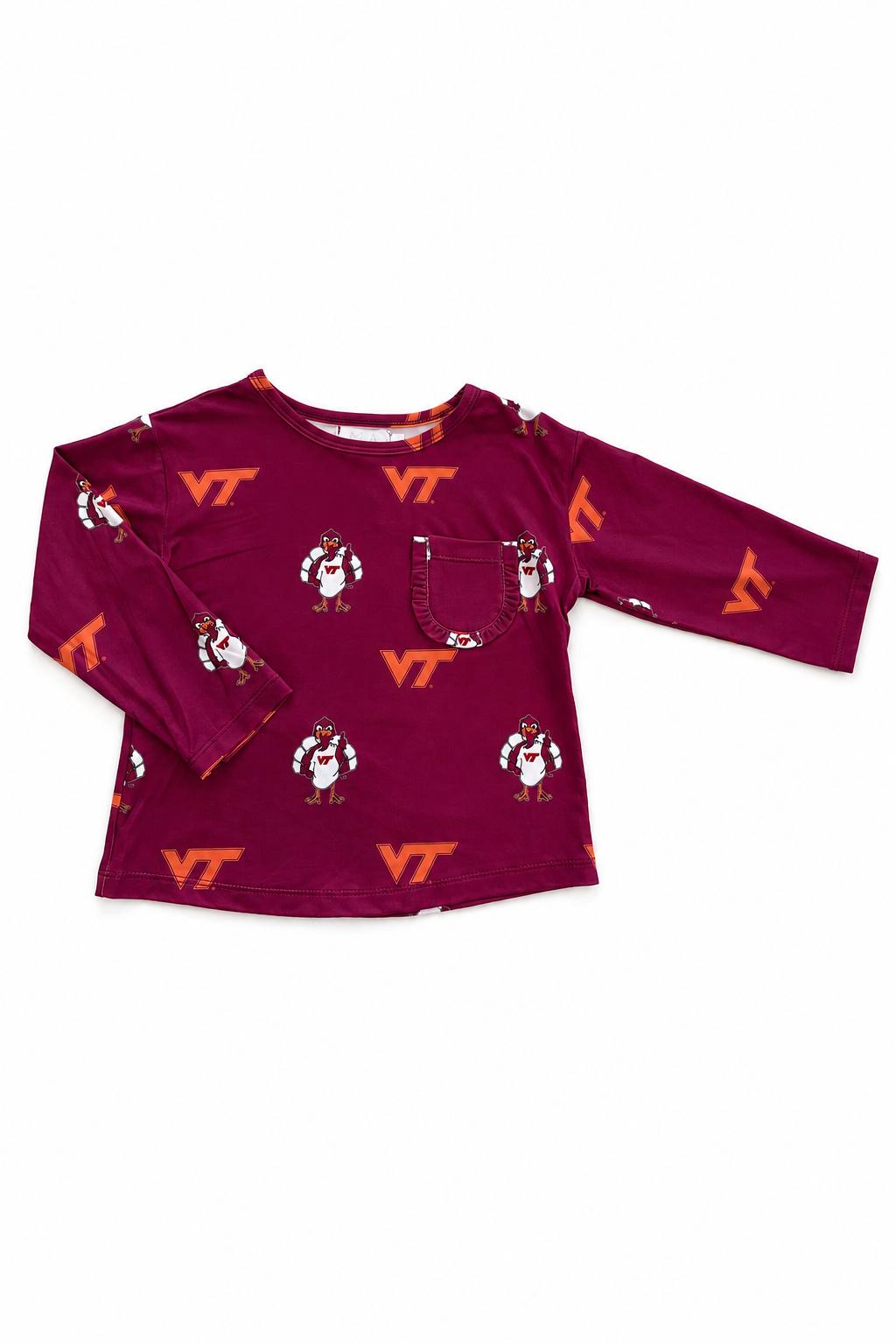 Virginia Tech Maroon Hokie L/S Ruffle Pocket Tee