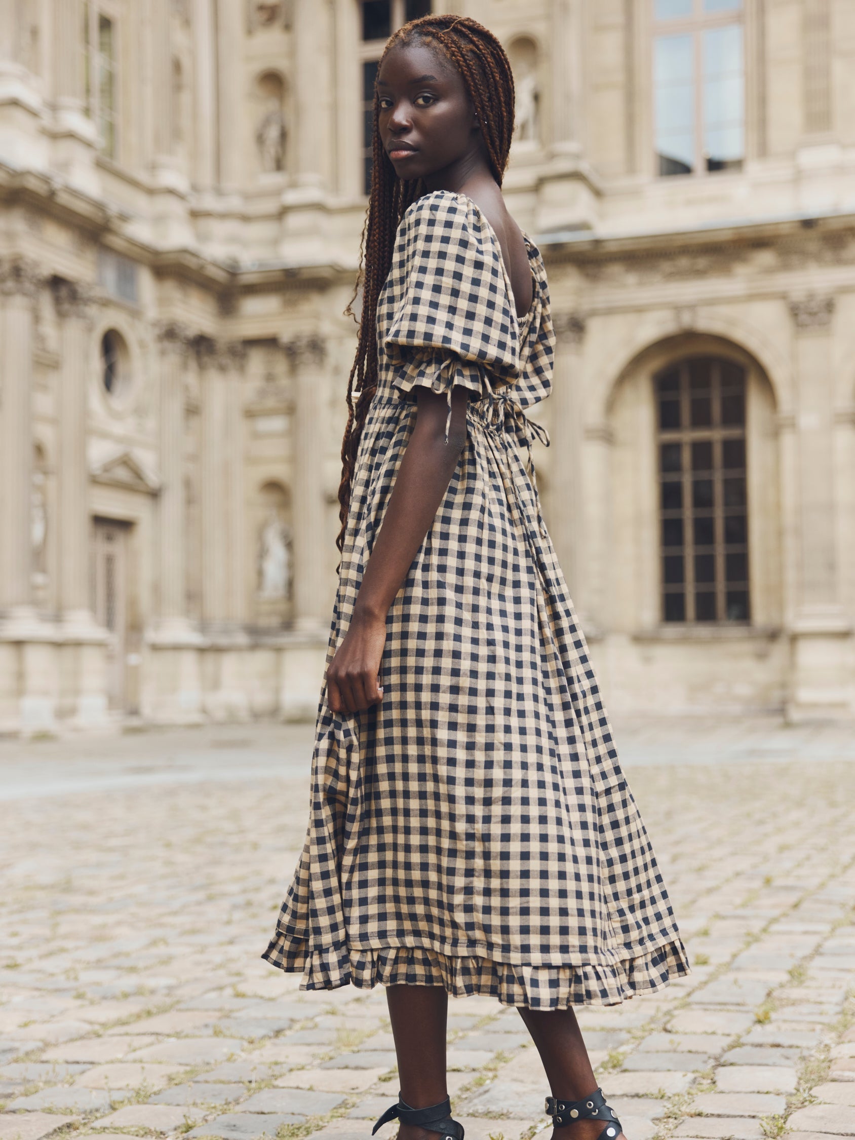 Grace Midi Dress - Black & Tan Check