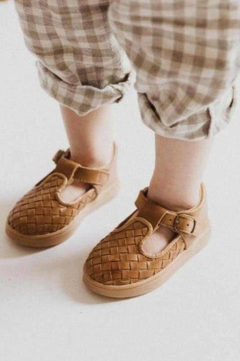 Leather Woven T-Bar | Color 'Walnut' | Hard Sole  Consciously Baby