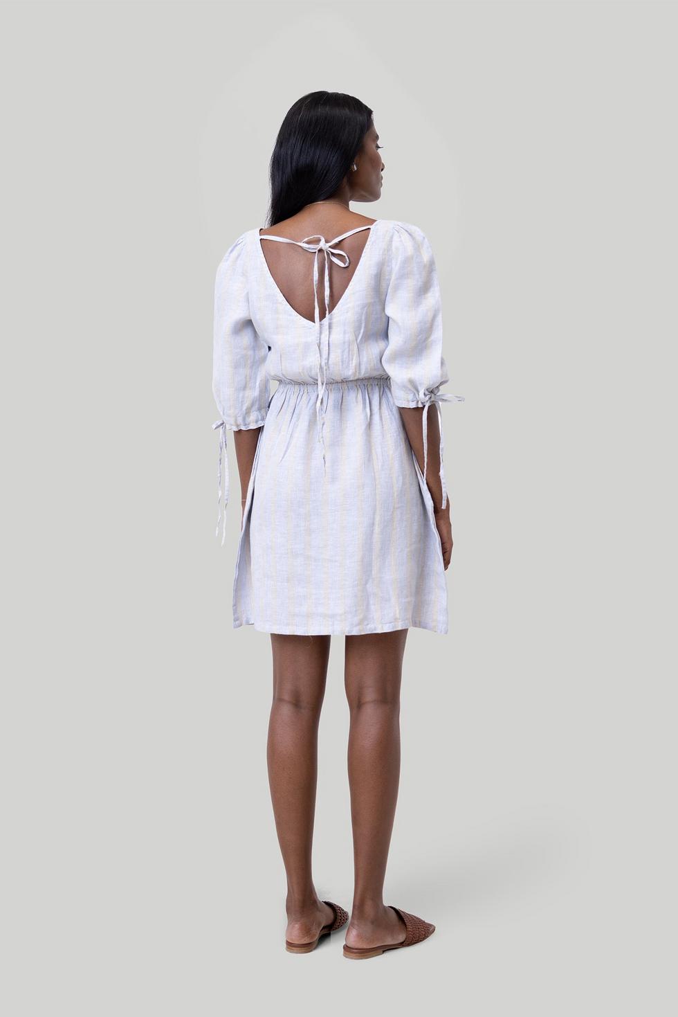 Gathered Elbow Sleeve Short Dress - Textured Stripes