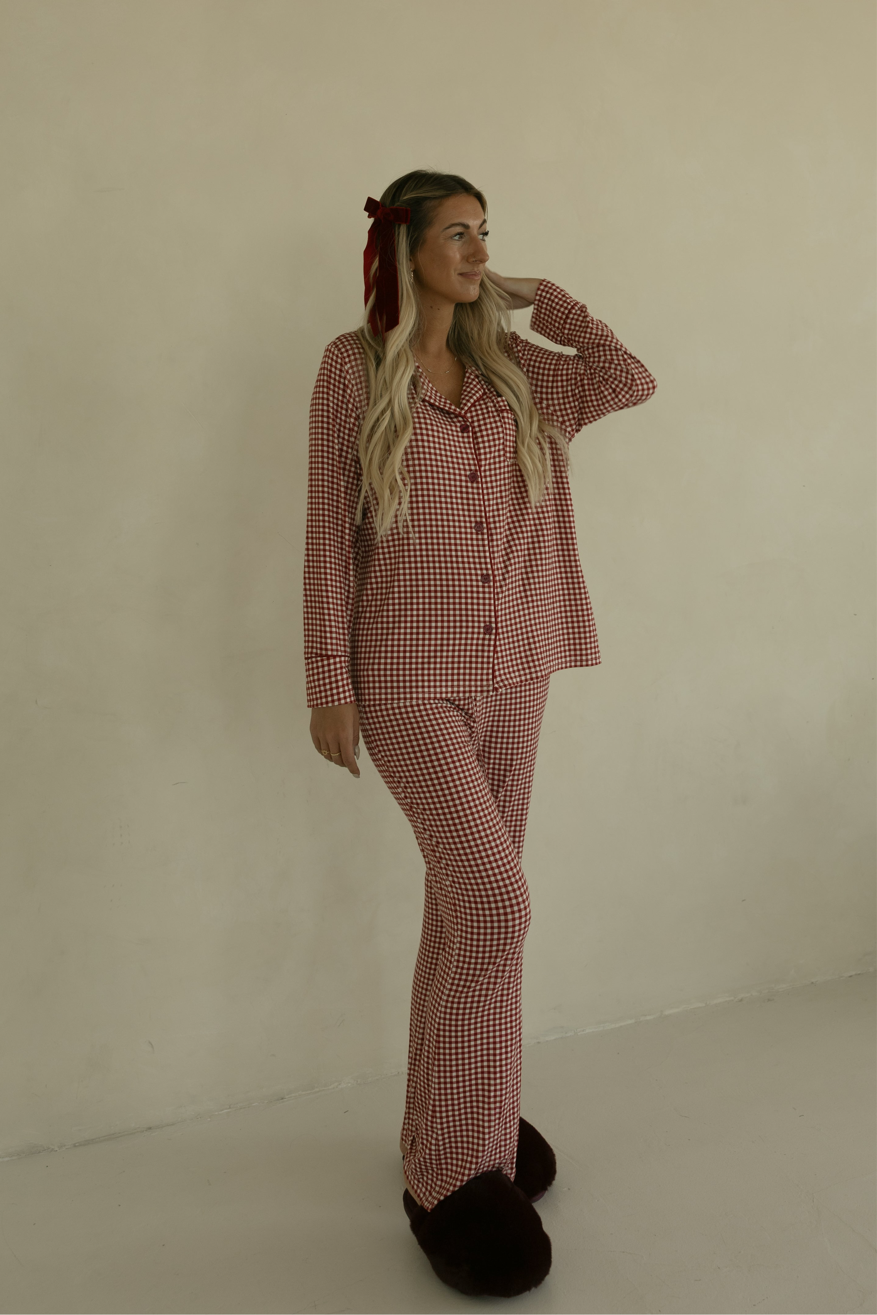 Women's Bamboo Button Up Lounge Set | Red Gingham