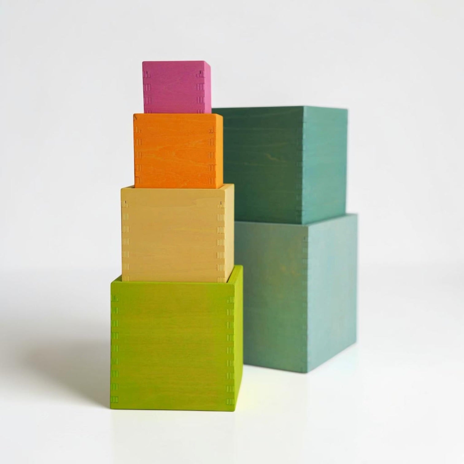 **Pre-order (Ships in 2-3 Weeks)**6-Piece Basswood Wooden Pastel Nesting Box Set | Painted & Hand-Stained Finishes | Montessori Stacking Toy