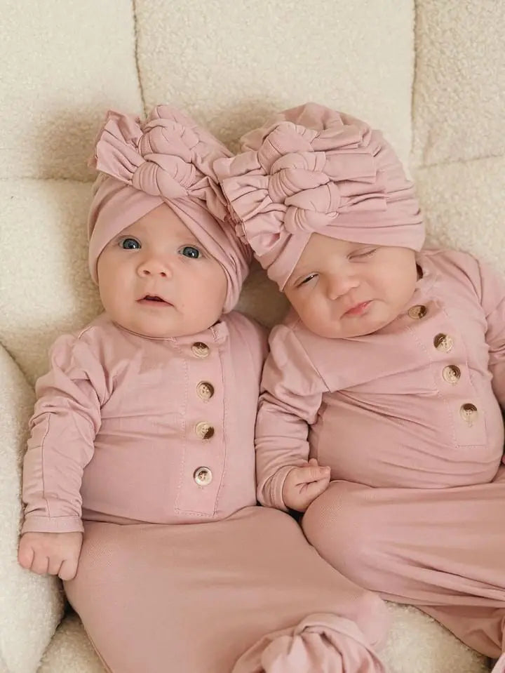 Newborn Knotted Gown and 3 Bow Turban Hat - Dusty Rose