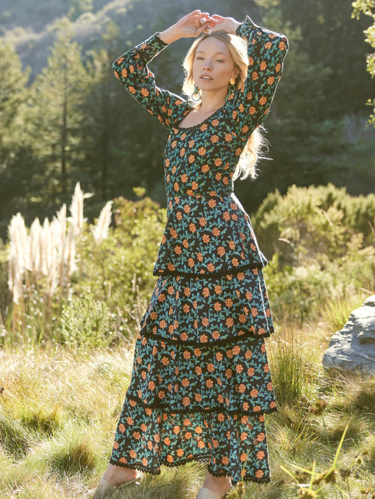 Victoria Embroidered Top - Faded Black/Bright Clementine & Moss Floral - FINAL SALE