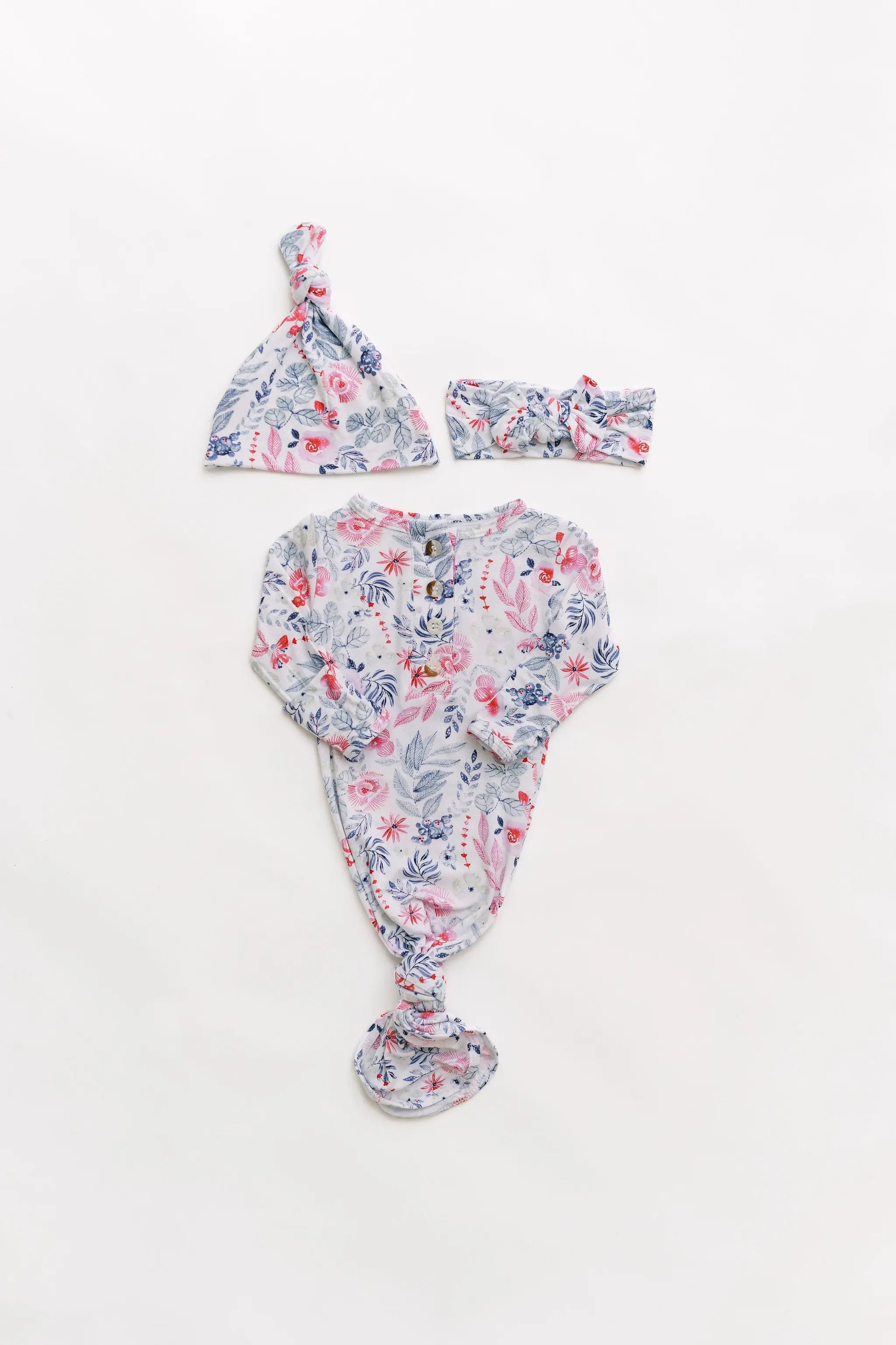 Stroller Society Knotted Baby Gown and Hat Set with Headband - Bloom