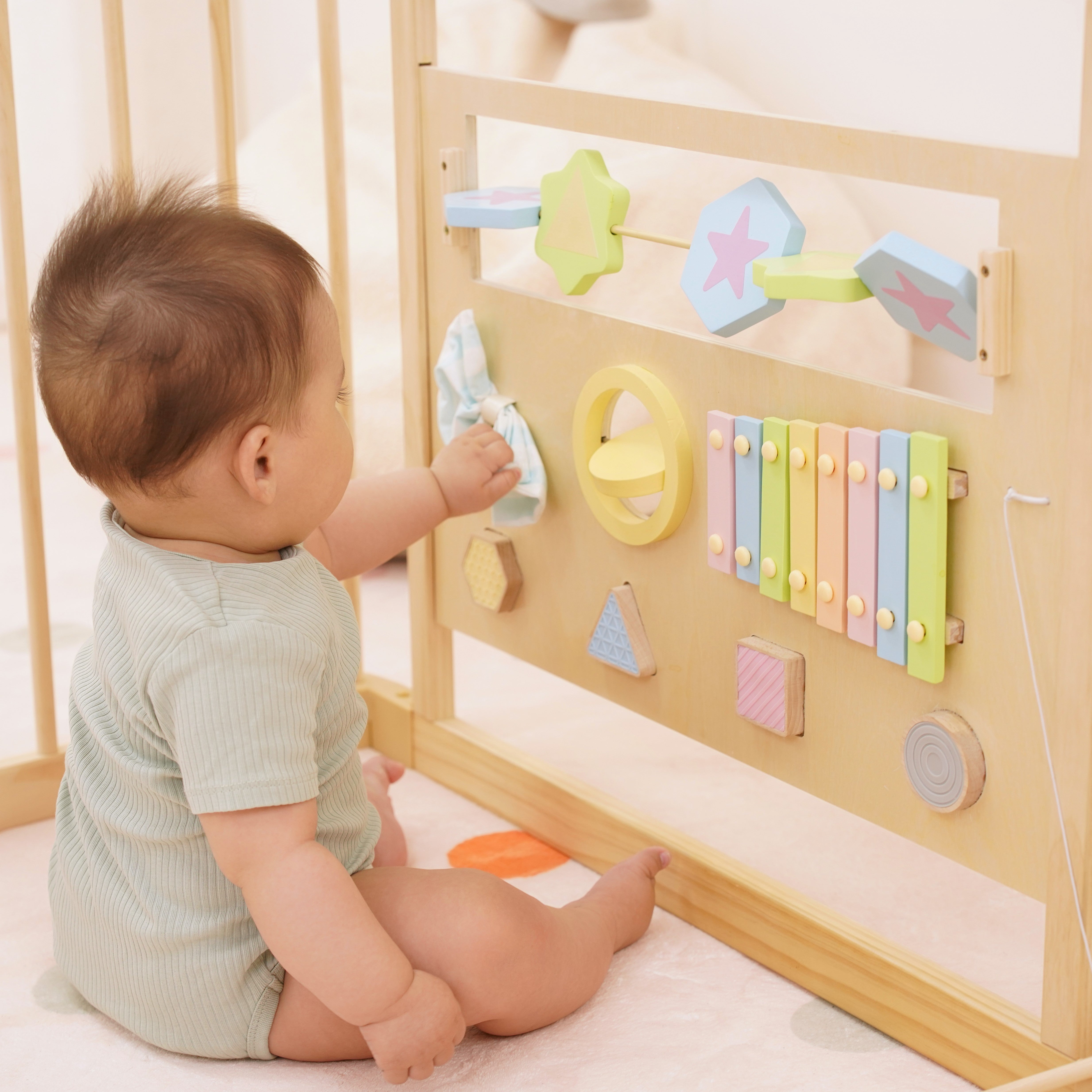 Wooden Baby Playpen with Mirror & Whiteboard Panel – Foldable 63" x 63" Montessori Sensory Play Yard
